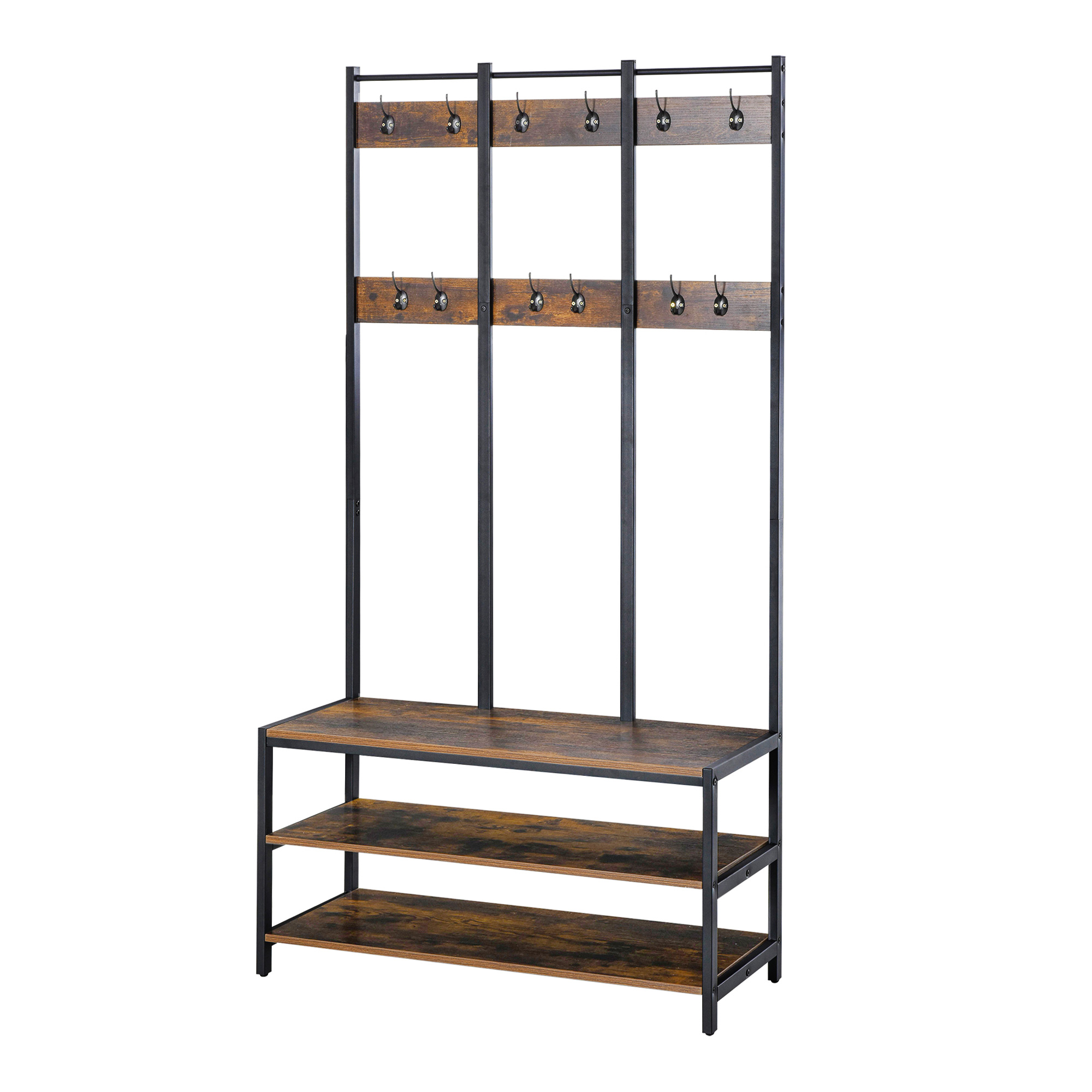 Coat Rack Stand, Free Standing Hall Tree, Coat Stand with Hooks, Bench and Shoe Rack, 100cm x 40cm x 184cm, Rustic Brown and Black - Life Essentials