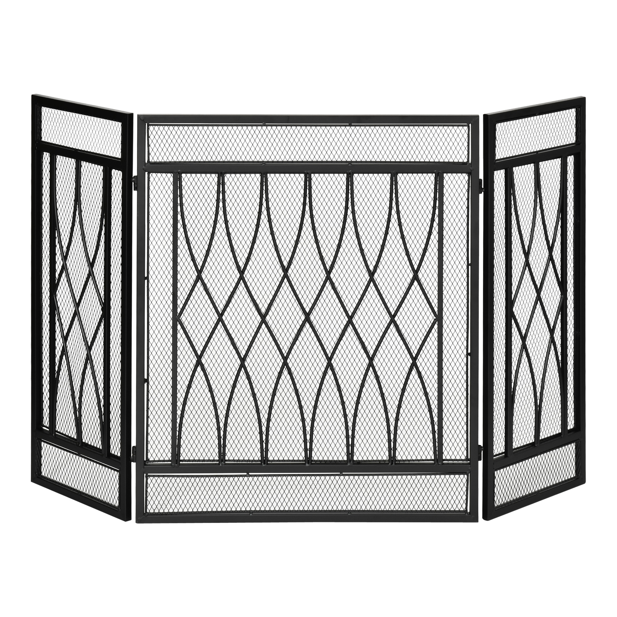 3-Panel Folding Fireplace Screen, Metal Mesh Fire Spark Guard, 126L x 3W x 80H cm-Black - Life Essentials