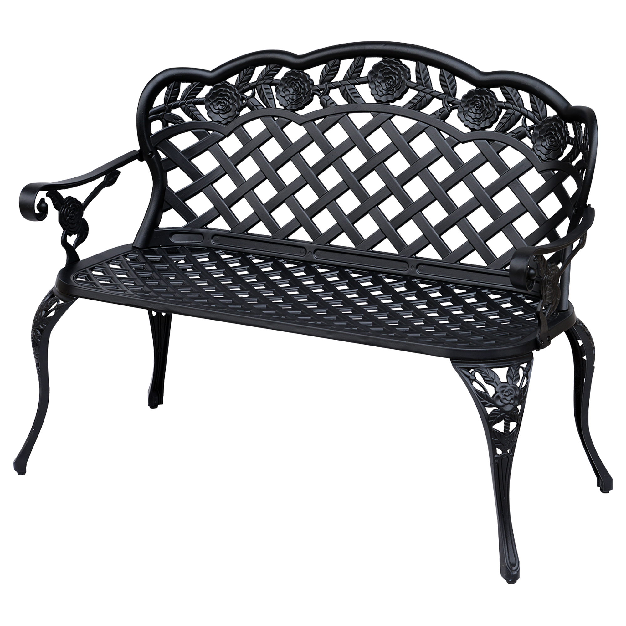 Cast Aluminium Garden Bench Outdoor Patio 2 Seater High Back Chair Armrest Antique Style Black - Life Essentials