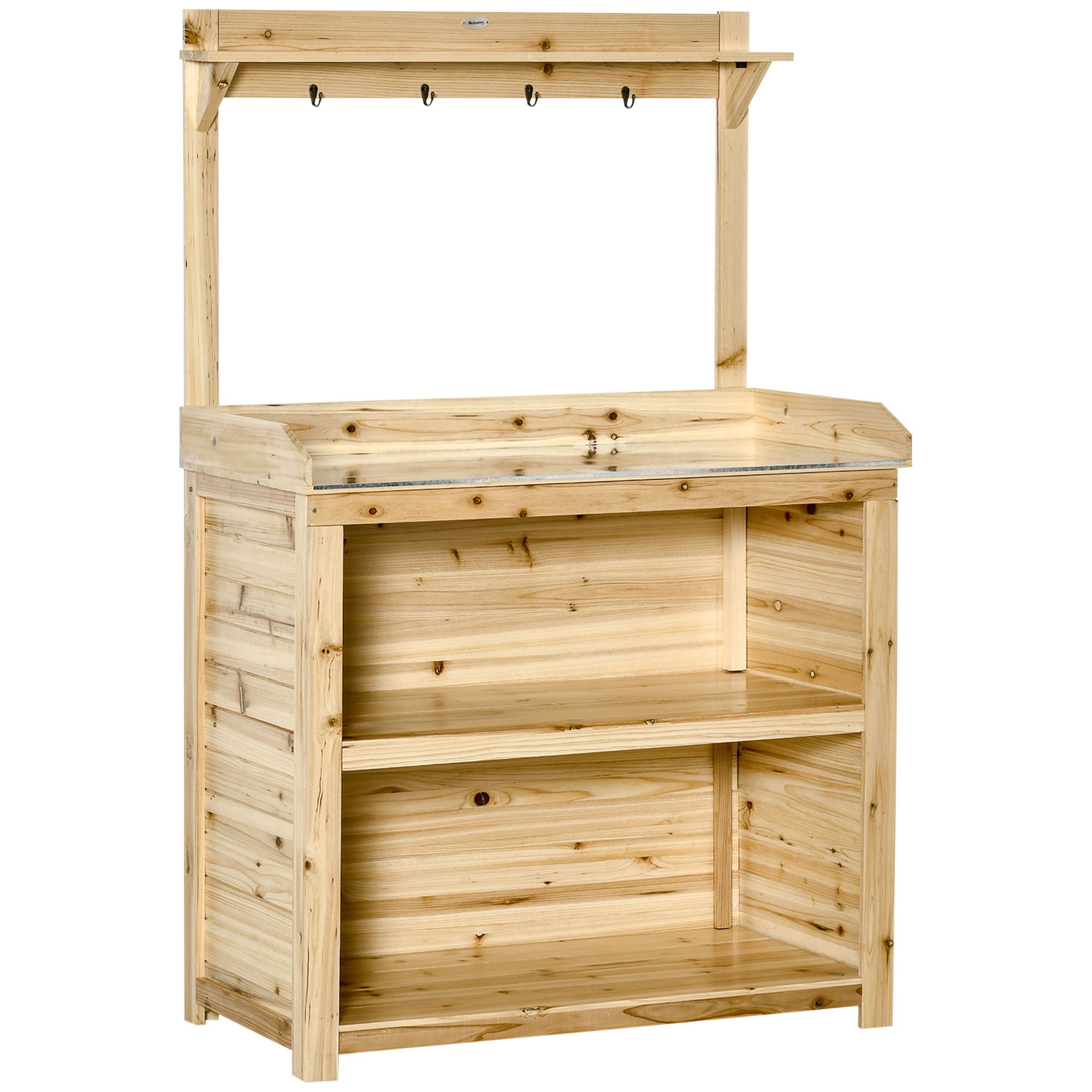 Garden Potting Bench Table, Wooden Workstation Bench w/ Galvanized Metal Tabletop, Storage Shelves and Hooks, Natural - Life Essentials