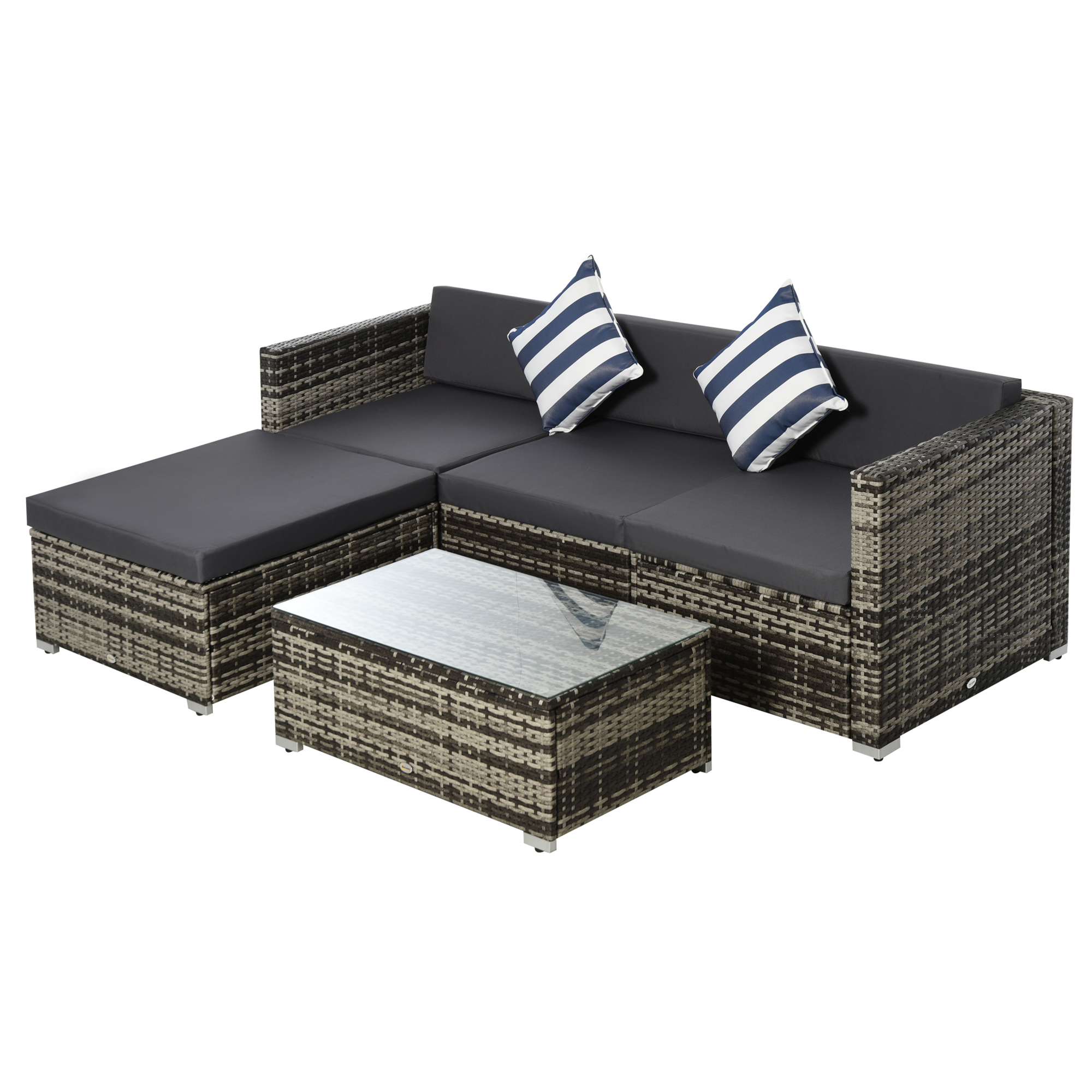 4-Seater Garden Rattan Furniture Set, Outdoor Sectional Conversation PE Rattan Sofa Set, with Cushions Pillows and Glass Table, Mixed Grey - Life 
