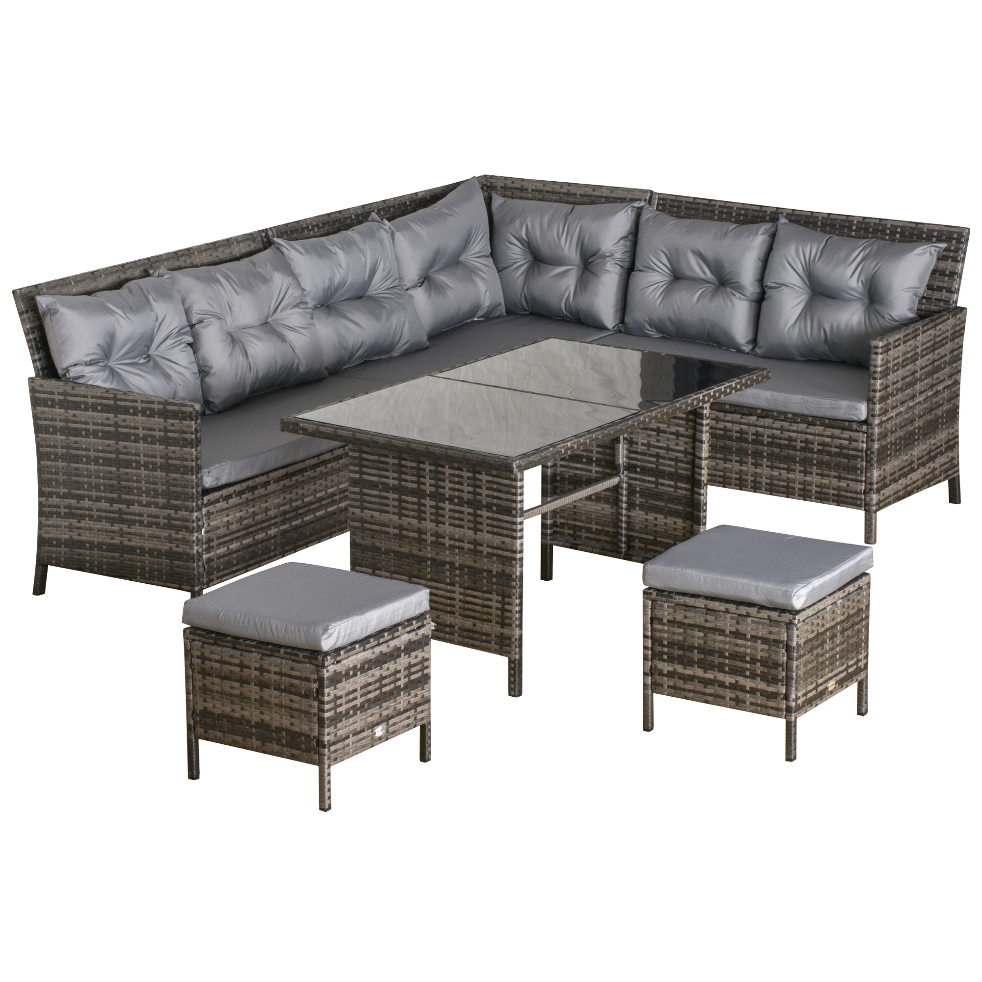 6 PC Garden Rattan Corner Dining Sofa Set 7-seater Outdoor Wicker Conservatory Furniture Lawn Patio Coffee Table Foot Stool w/ Cushion - Grey - Life 