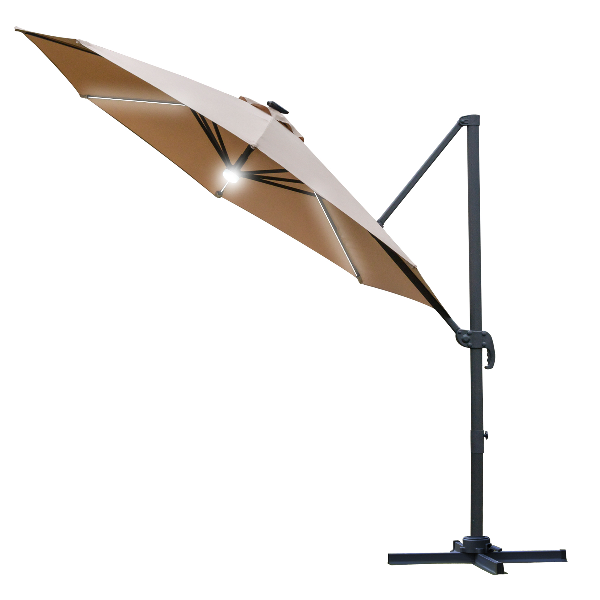 3M Cantilever Roma Parasol Garden Sun Umbrella with LED Solar Light Cross Base 360° Rotating, Brown - Life Essentials