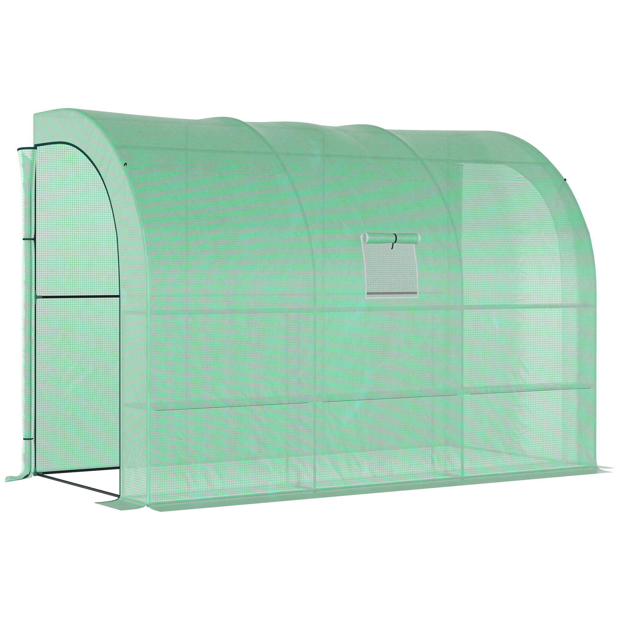 Walk-In Lean to Wall Greenhouse with Windows and Doors 2 Tiers 6 Wired Shelves 300L x 150W x 215Hcm Green - Life Essentials