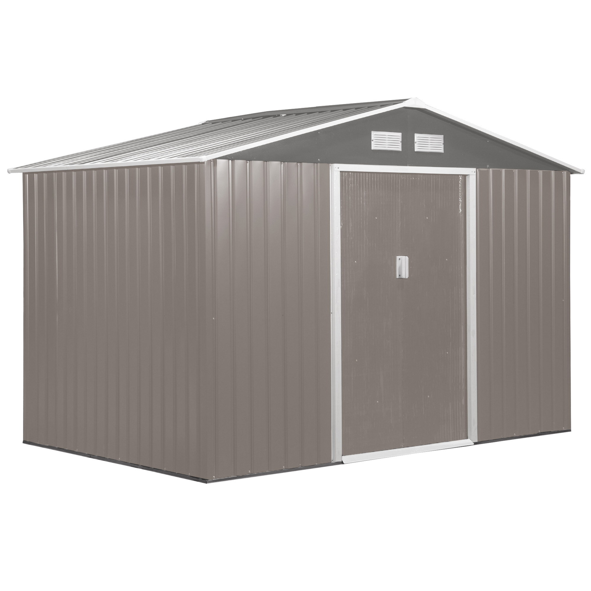 9 x 6 ft Metal Garden Storage Shed Sloped Roof Tool House with Foundation Ventilation & Double Door, Grey - Life Essentials