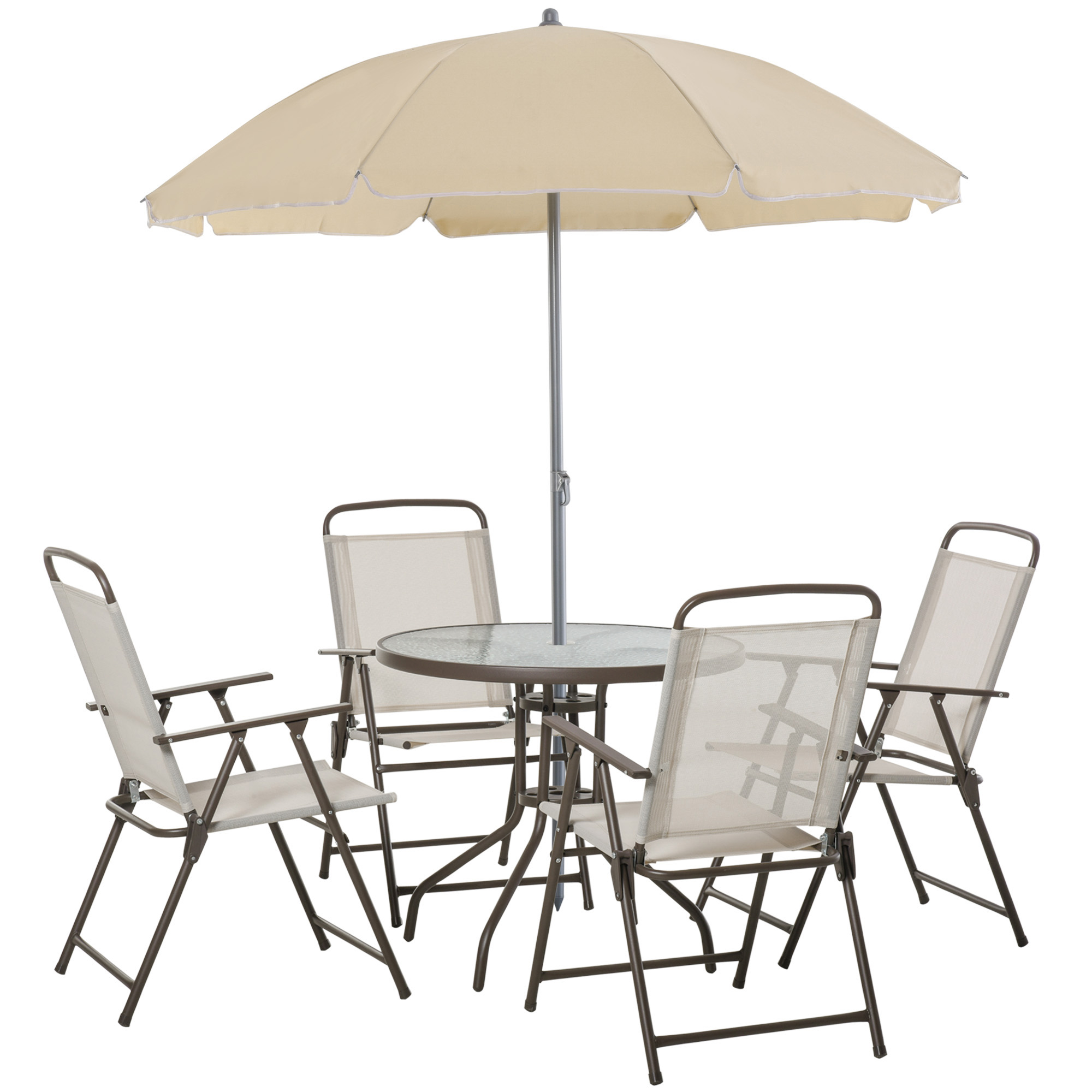Garden Patio Texteline Folding Chairs Plus Table and Parasol Furniture Bistro Set - Beige (6-Piece) - Life Essentials
