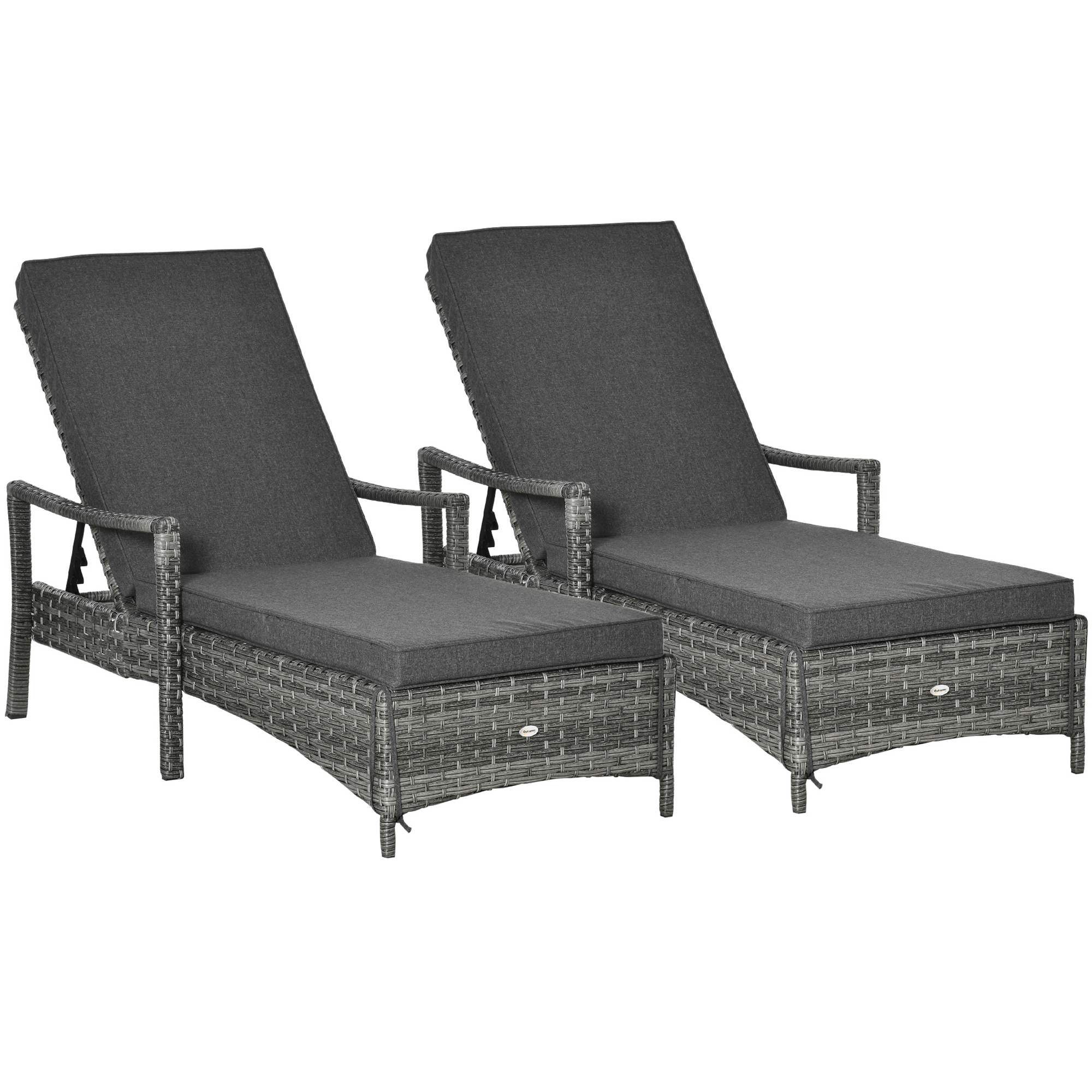 PE Rattan Sun Loungers set of 2 with Cushion, Outdoor 2 Pieces Garden Sunbed Furniture with 4-Level Recliner Backrest, and Armrest, Grey - Life 