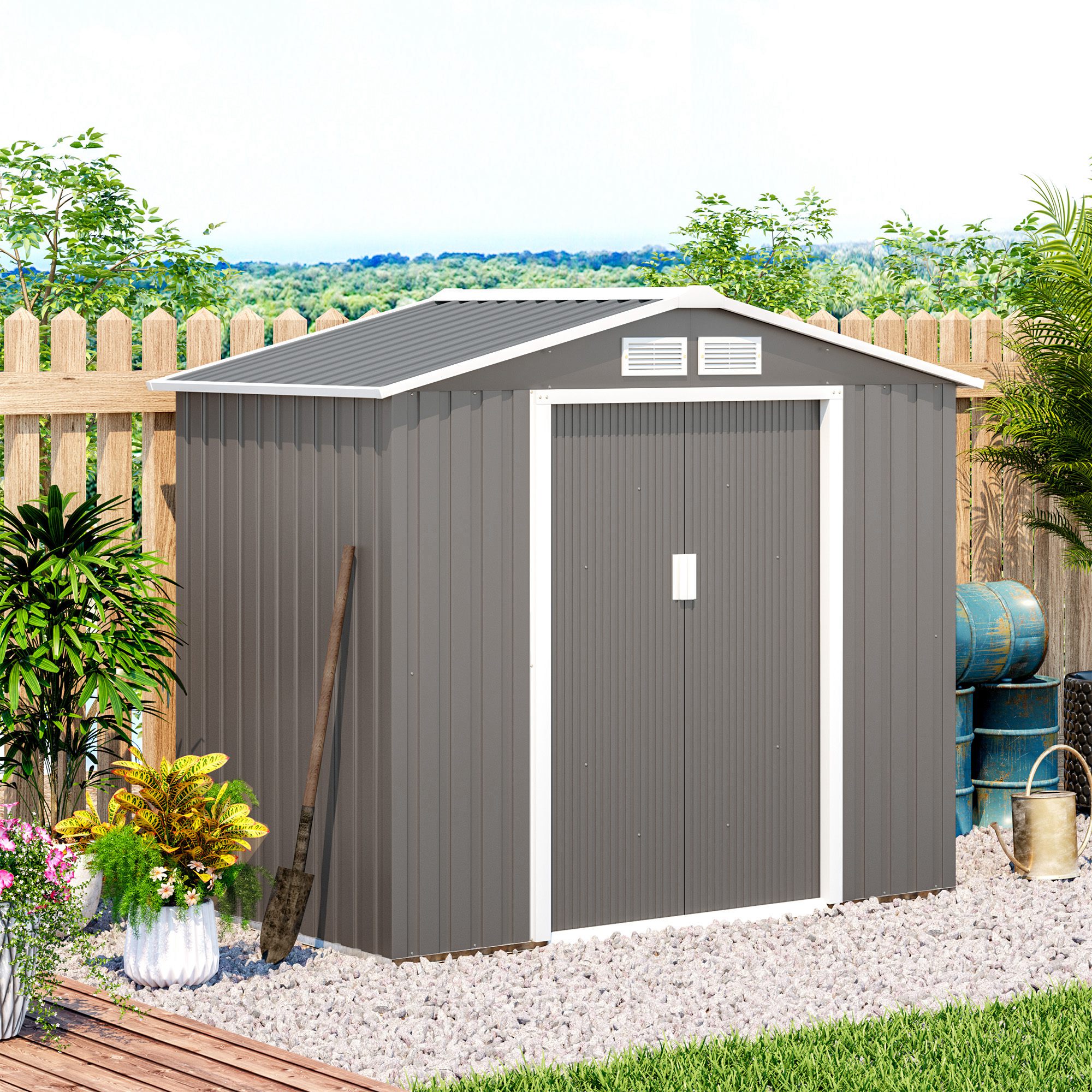 7ft x 4ft Lockable Garden Metal Storage Shed Storage Roofed Tool Metal Shed w/ Air Vents Steel Grey - Life Essentials