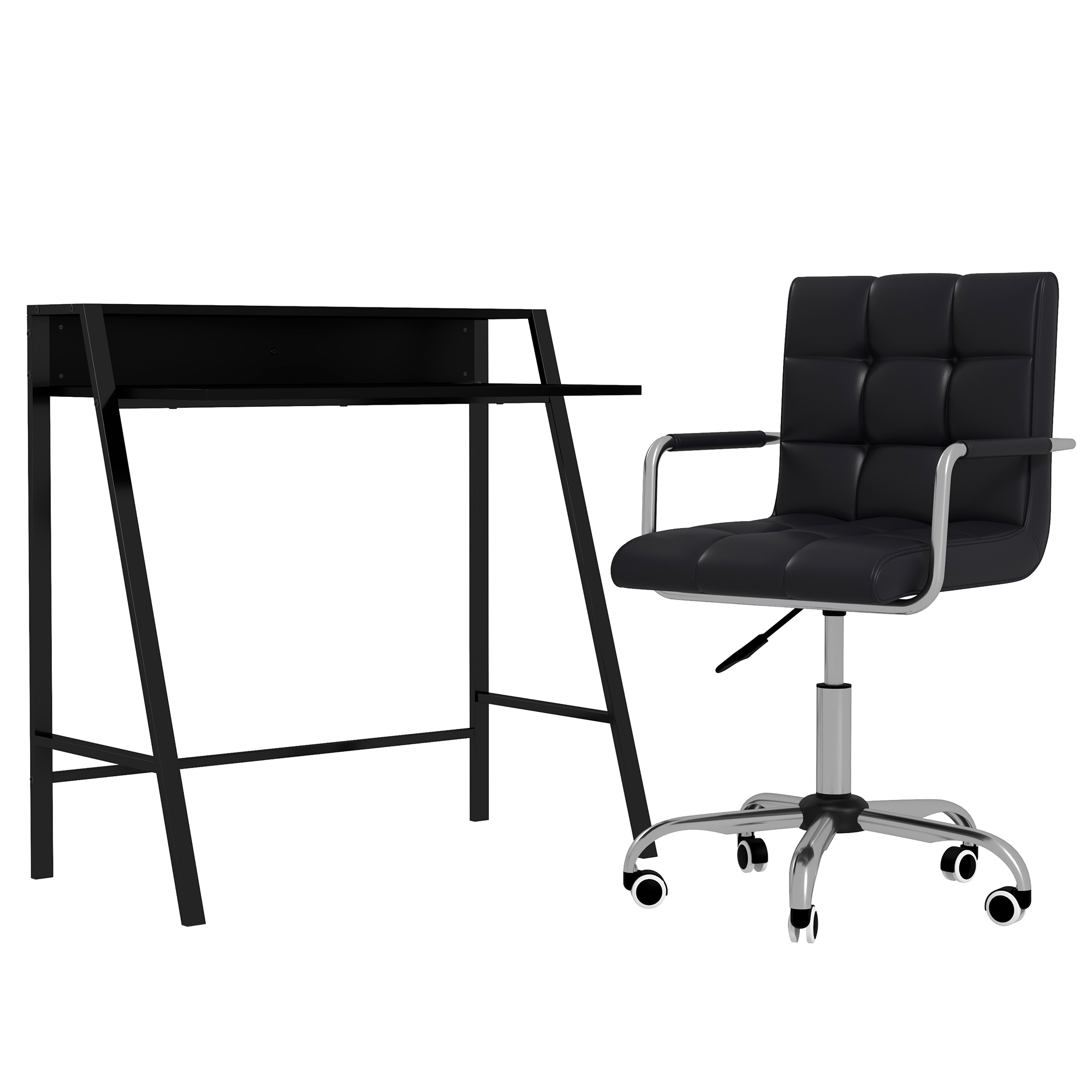 Home Office Chair and Computer Desk Set, Faux Leather Desk Chair with Swivel Wheels, Study Desk with Storage Shelf, Black - Life Essentials