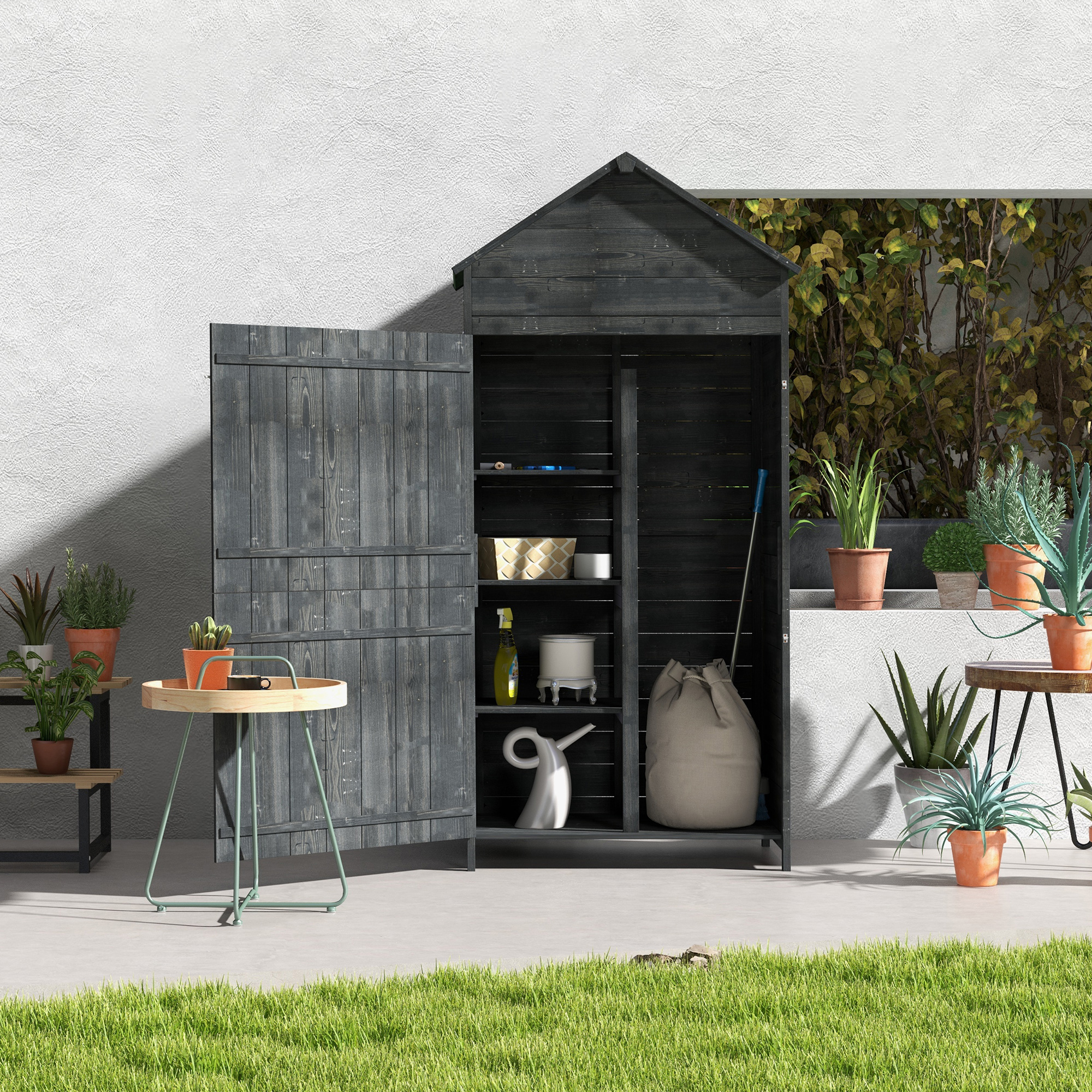Garden Shed 4-Tier Wooden Garden Outdoor Shed 3 Shelves Utility Gardener Cabinet Lockable 2 Doors - Grey - Life Essentials