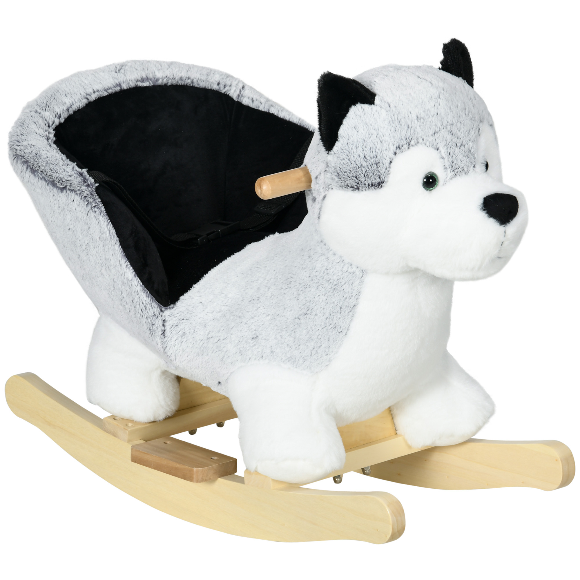 Baby Rocking Horse, Husky-shaped Plush Wooden Child Rocking Animal w/ Seat Belt, Ride on Toy for Kids 18-36 Months, Grey - Life Essentials