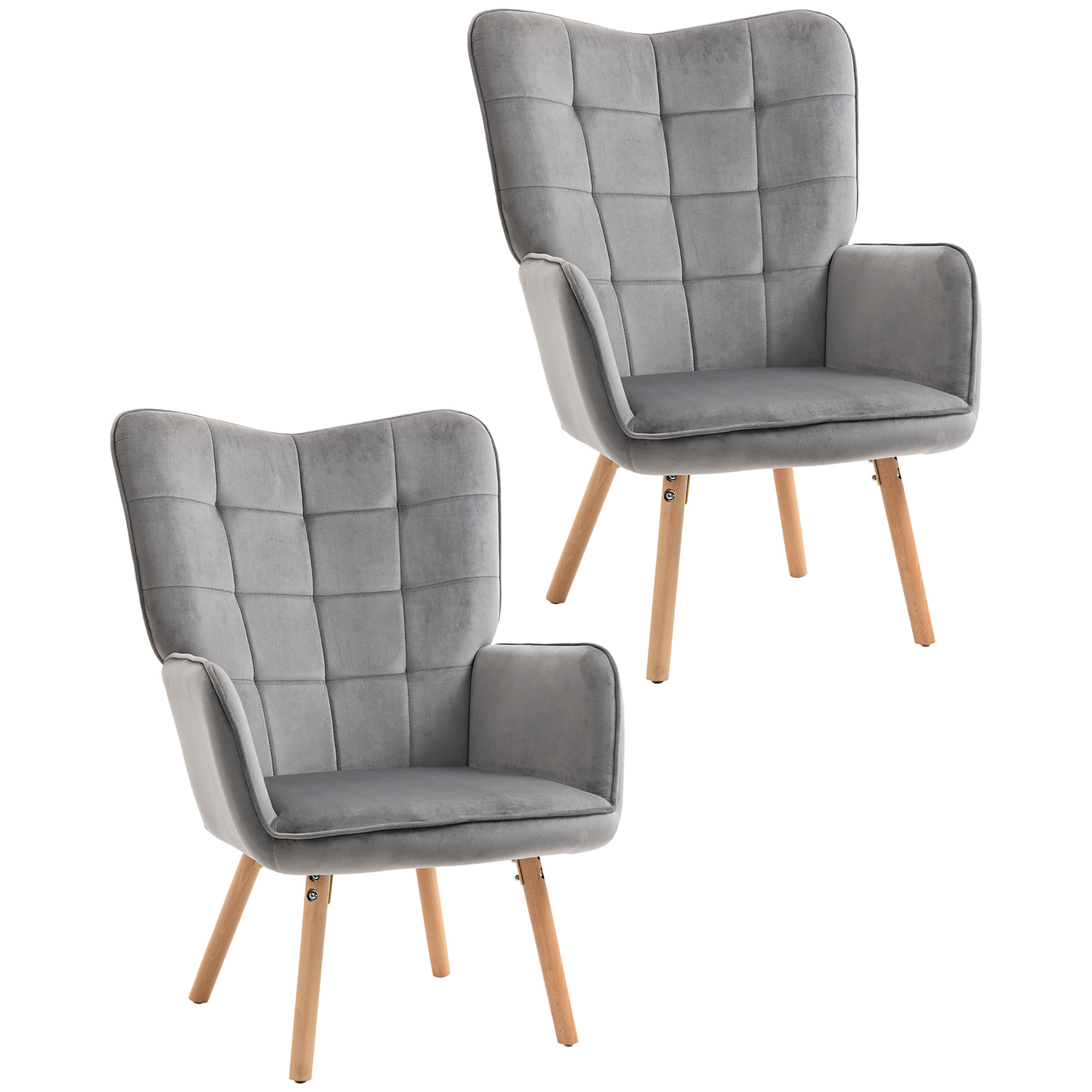Modern Accent Chair Velvet-Touch Tufted Wingback Armchair Upholstered Leisure Lounge Sofa Club Chair with Wood Legs, Set of 2, Grey - Life Essentials