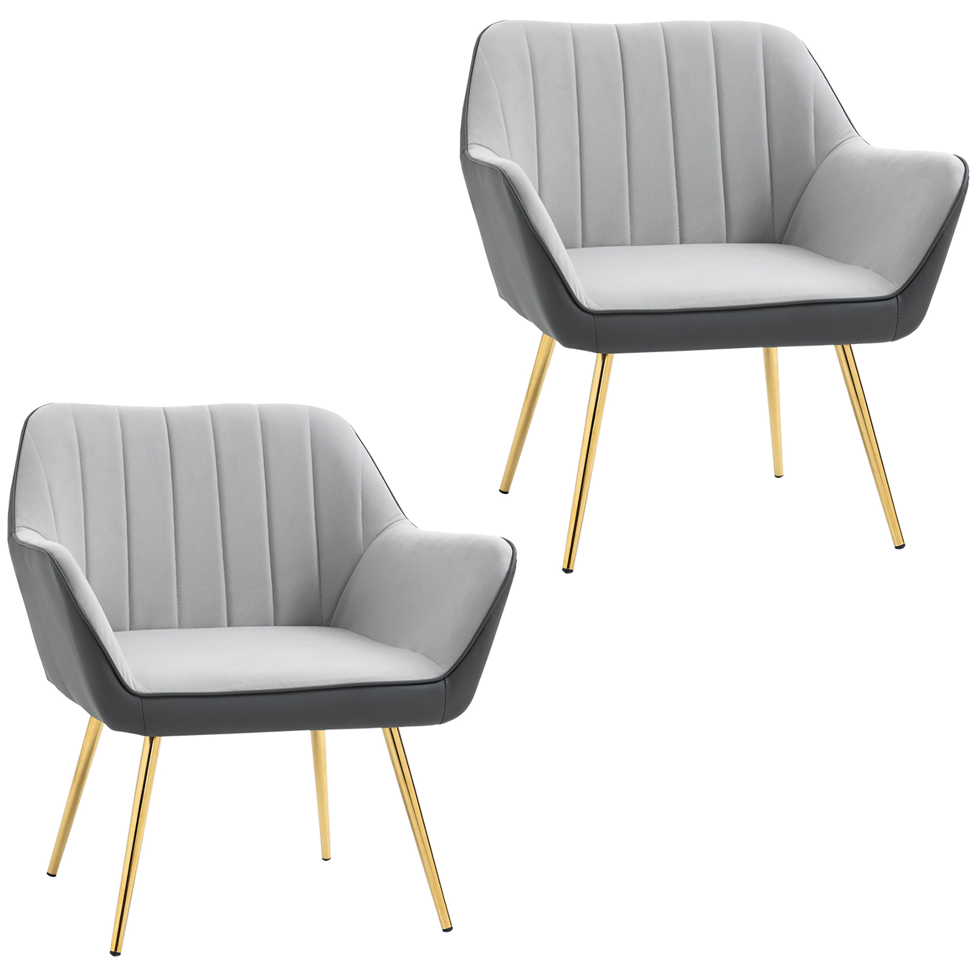 Velvet Armchairs, Upholstered Accent Chairs with Golden Steel Legs, Modern Vanity Chairs for Living Room and Bedroom, Set of 2, Light Grey - Life 