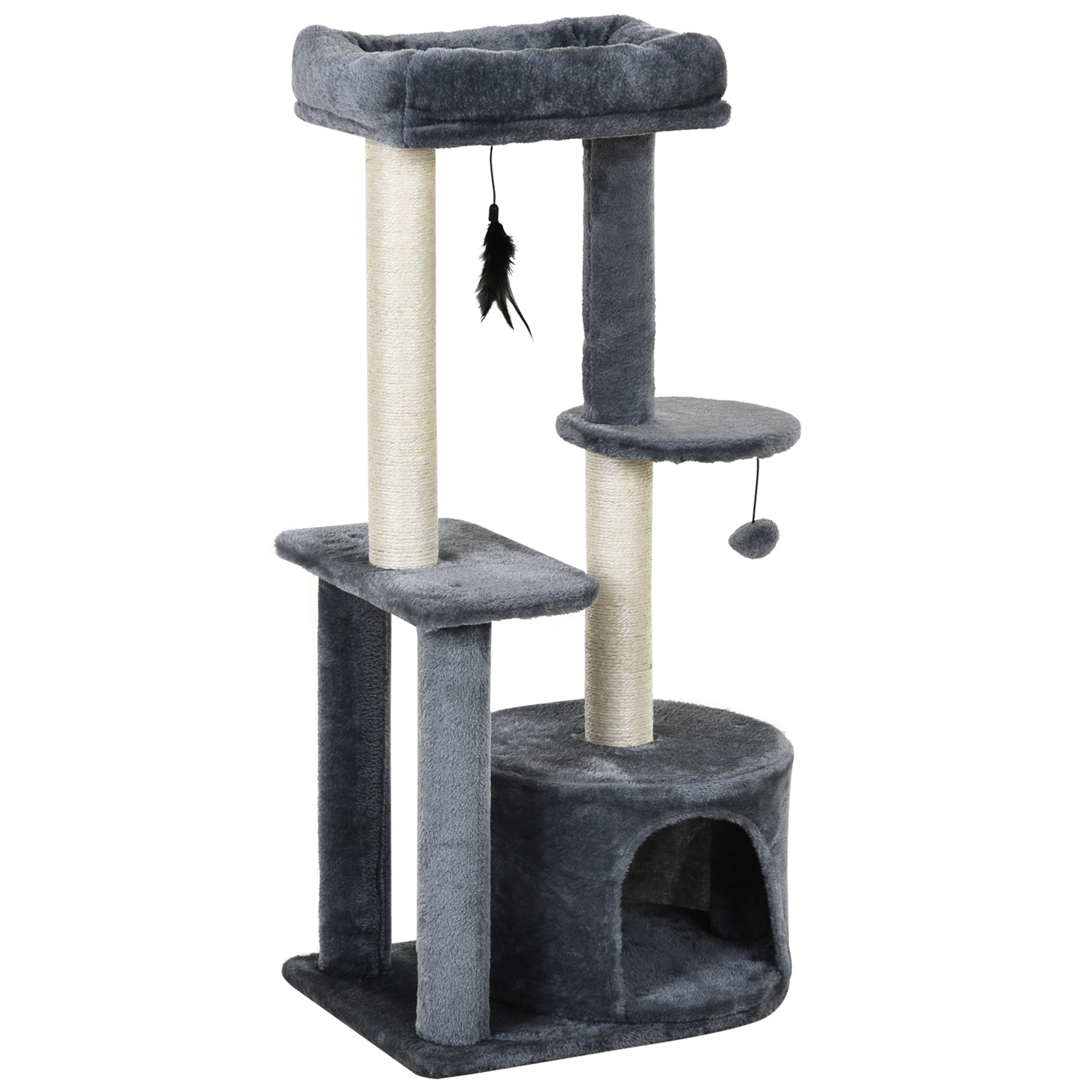 Cat Multi-Activity Tree Tower w/ Perch House Scratching Post Platform Play Ball Plush Covering Play Rest Relax Grey White - Life Essentials