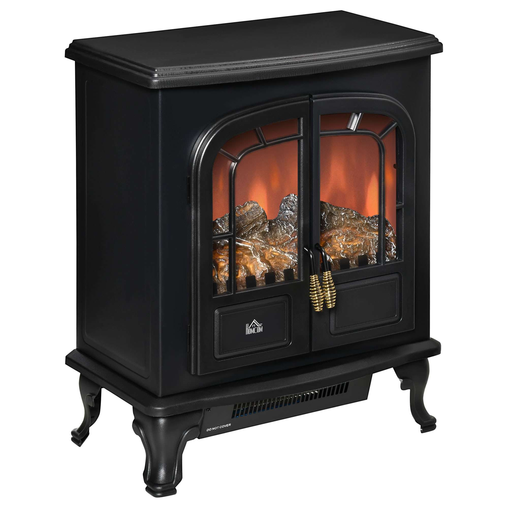 Electric Fireplace Stove Heater with LED Fire Flame Effect, Double Door, Freestanding & Portable with Overheat Protection, 1000W/2000W, Black - Life 