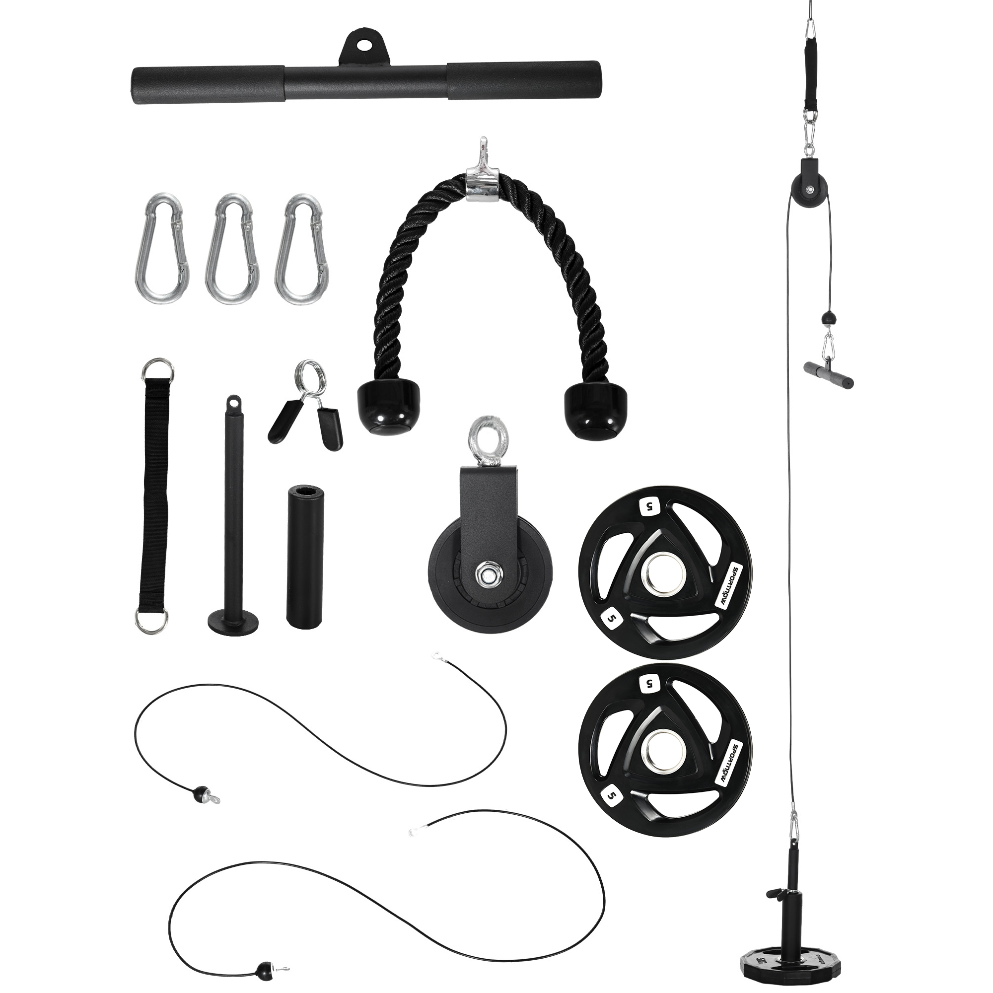 SPORTNOW Cable Machine Pulley System w/ 2 x 5kg Olympic Weight Plates, Lat Pull Down System w/ DIY Loading Weight for Home Gym Training - Life 