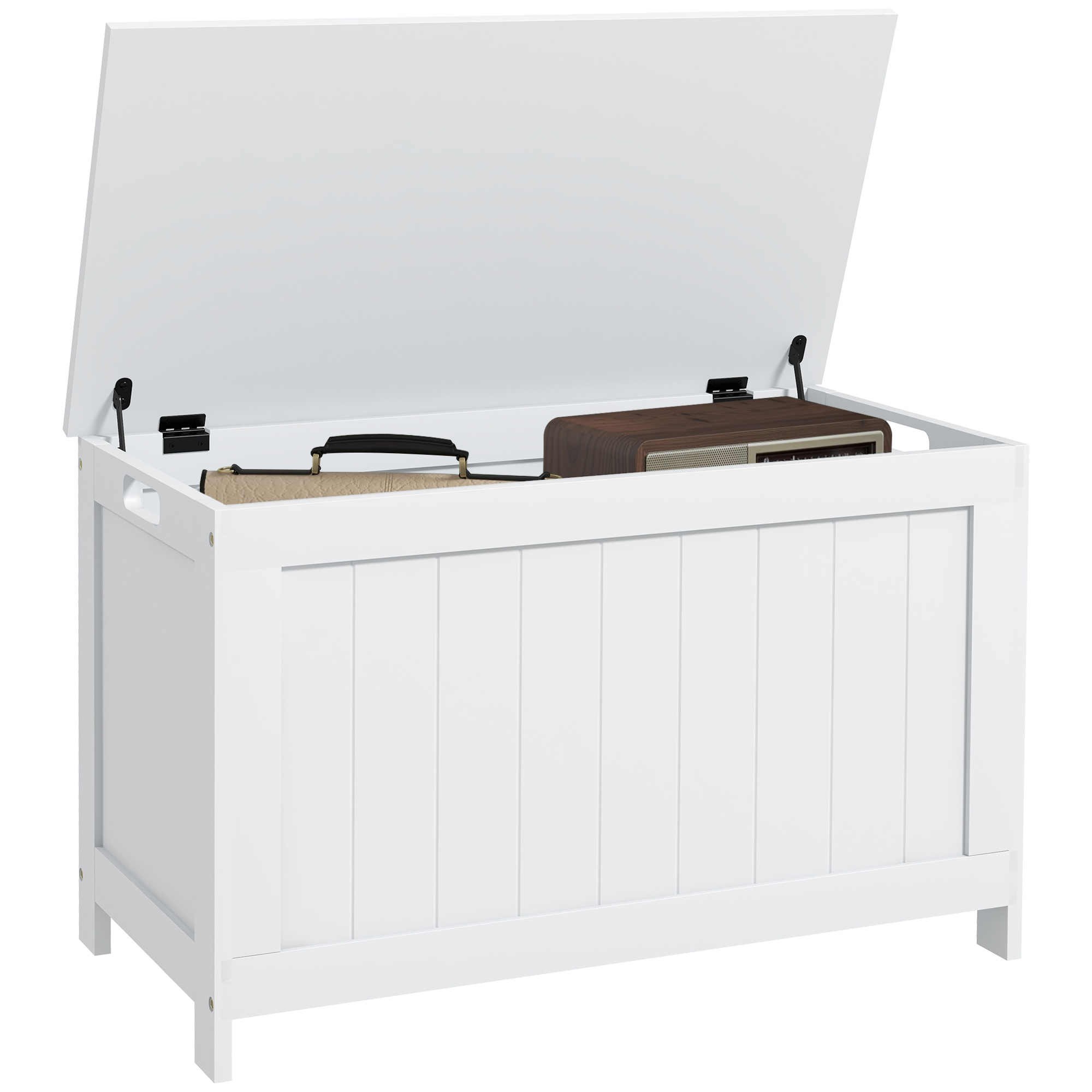 Storage Chest, Modern Storage Trunk with 2 Safety Hinges and Cut-out Handles, Wooden Toy Box for Living Room, Entryway, 76 x 40 x 48 cm, White - Life 