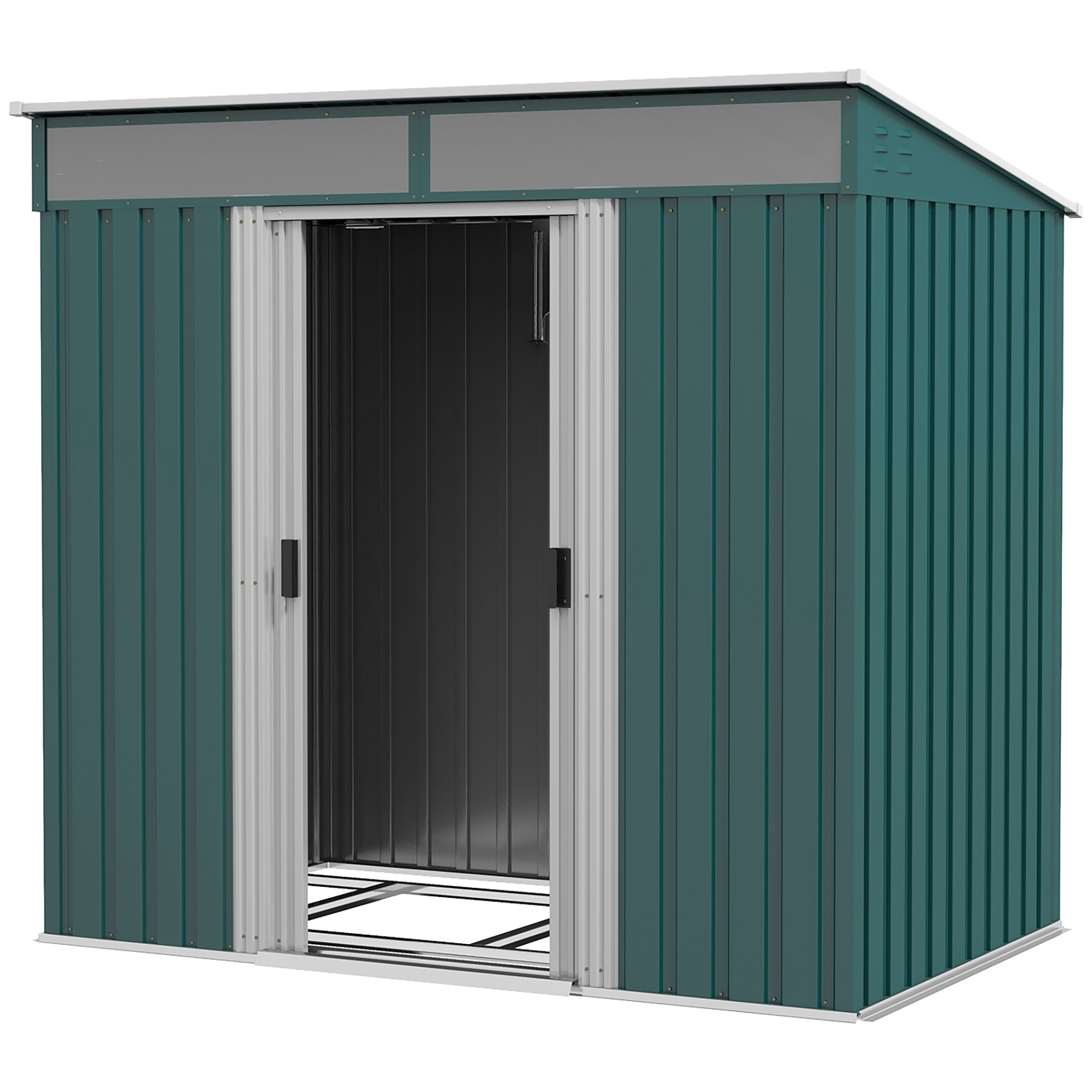 6.5 x 4FT Galvanised Metal Shed with Foundation, Lockable Tool Garden Shed with Double Sliding Doors and 2 Vents, Green - Life Essentials