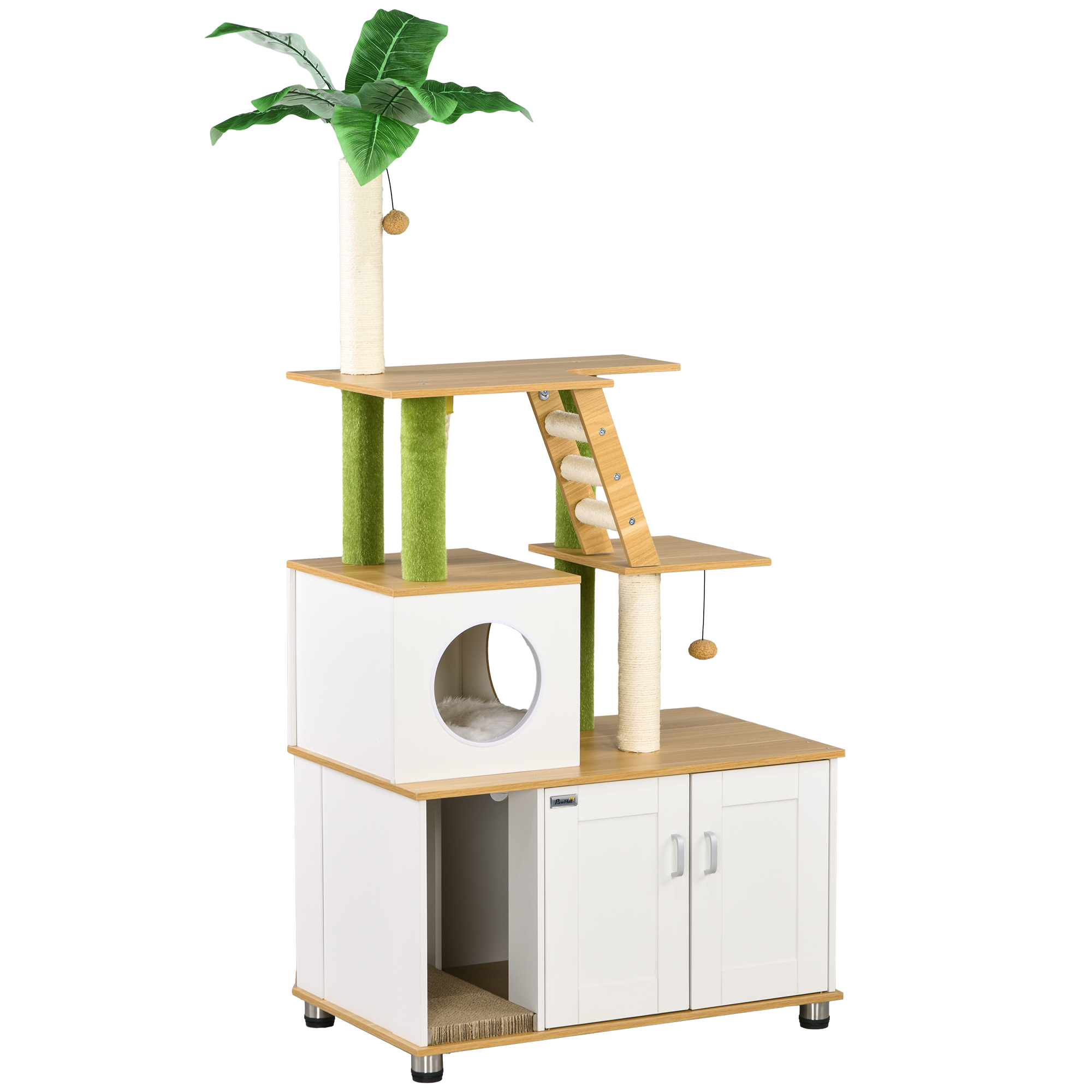 Shelley Nature Inspired Cat Tree with Hidden Litter Box Enclosure 2 in 1 Green Leaf Tower - Oak - Life Essentials