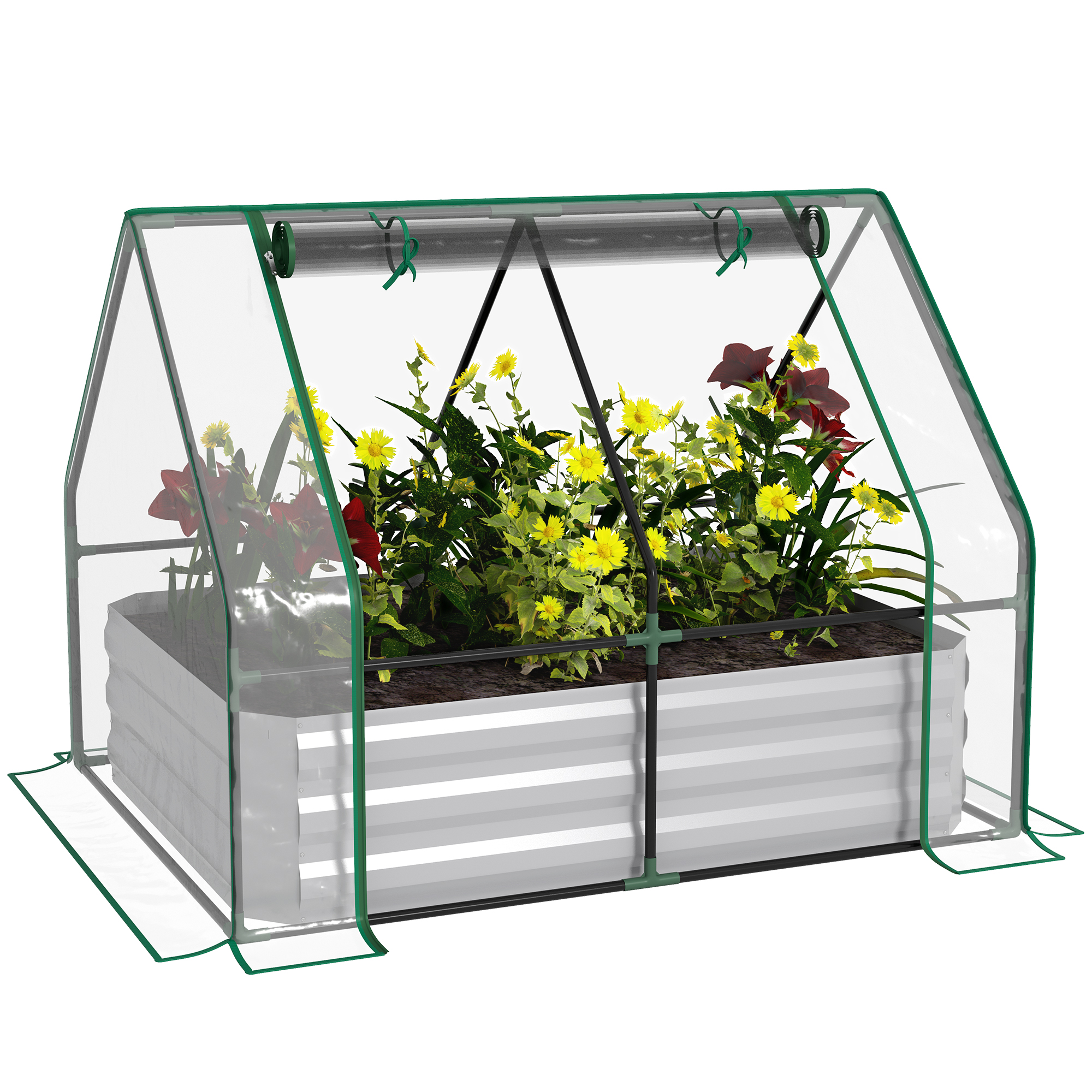 Raised Garden Bed with Greenhouse, Steel Planter Box with Plastic Cover, Roll Up Window, Dual Use for Flowers, Vegetables, 127 x 95 x 92cm - Life 
