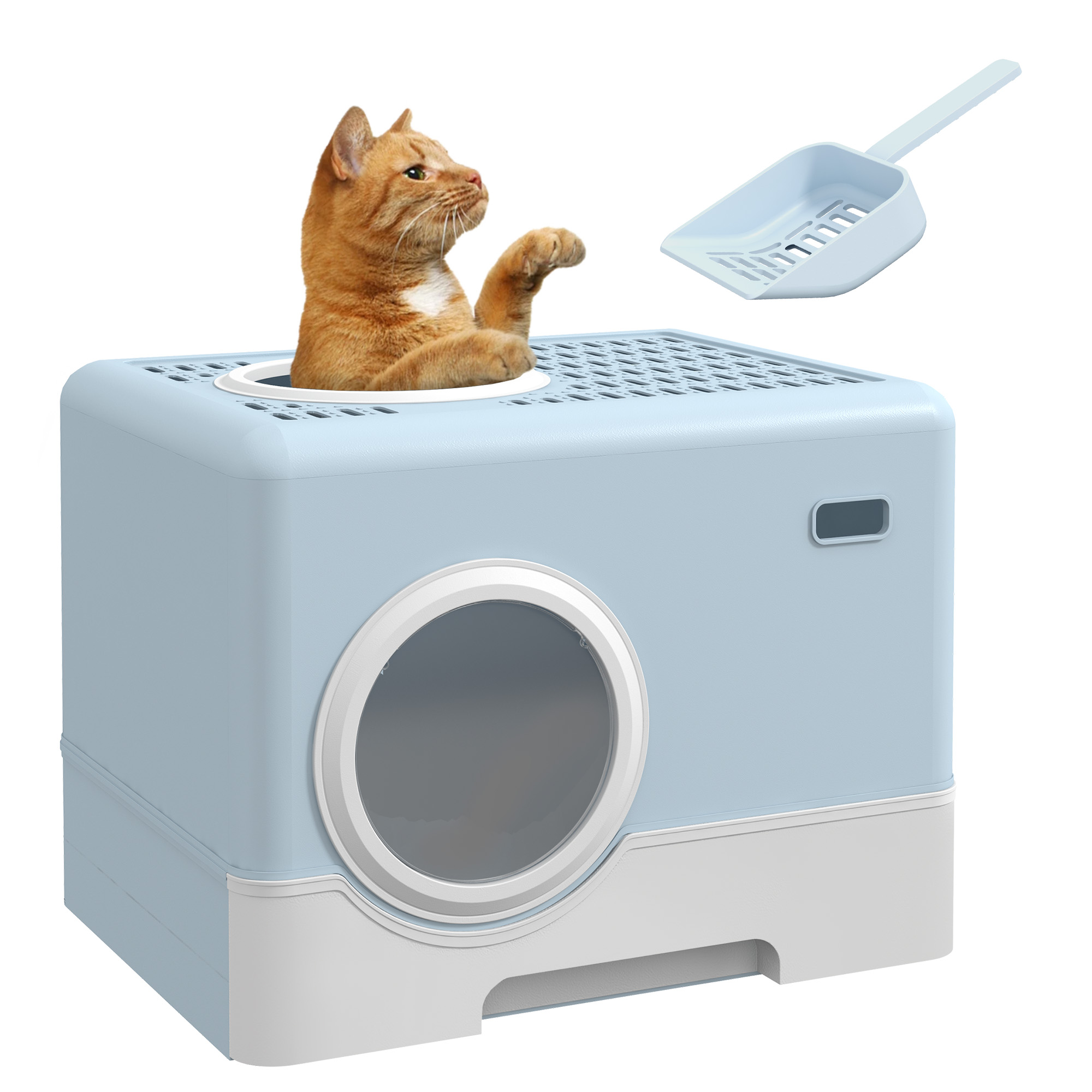 Cat Litter Box Enclosed with Lid Front Entry Top Exit, Drawer Tray, Scoop, 52L x 41W x 38.5Hcm - Blue - Life Essentials