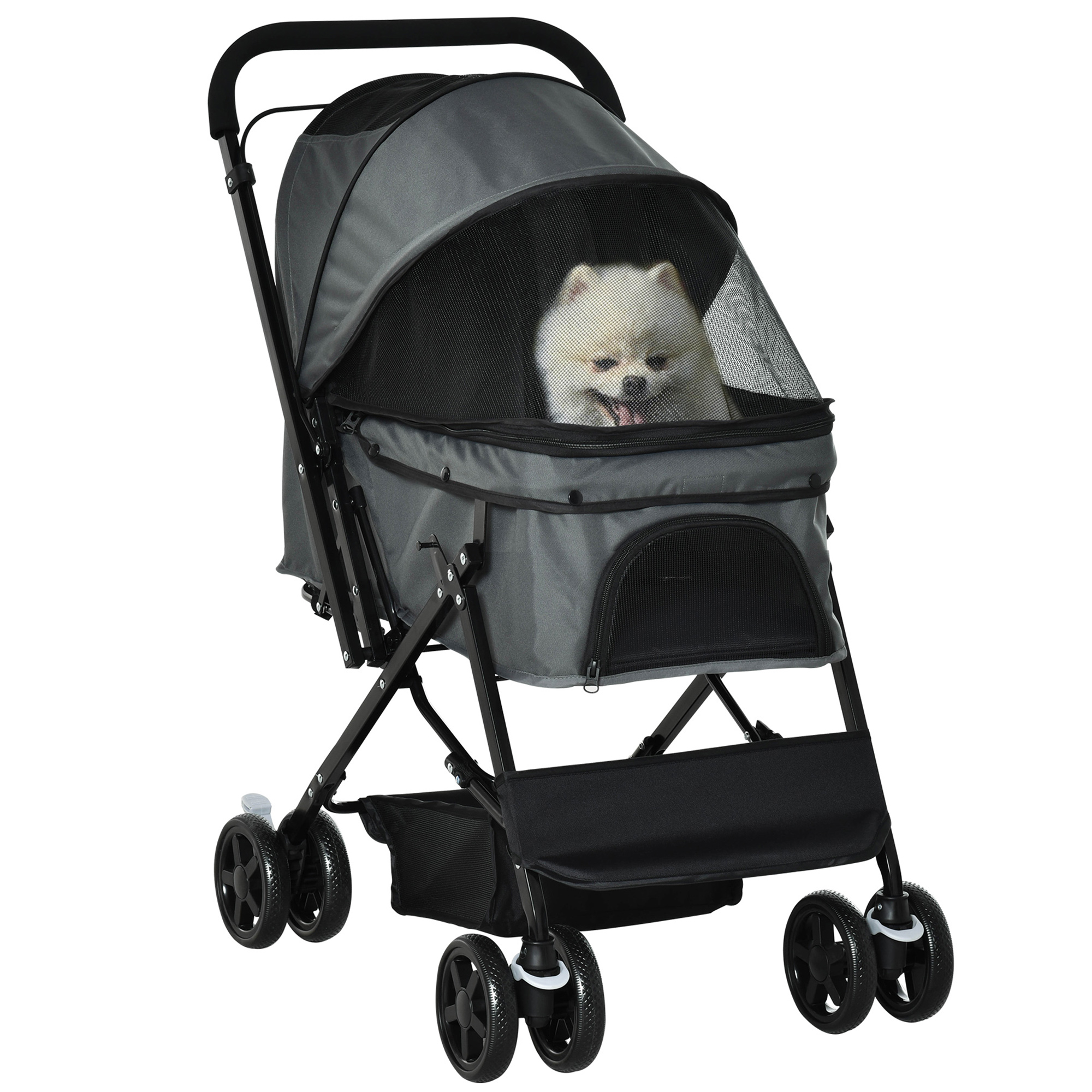 Pet Stroller Dog Pushchair Foldable Jogger with Reversible Handle EVA Wheel Brake Basket Adjustable Canopy Safety Leash Grey - Life Essentials