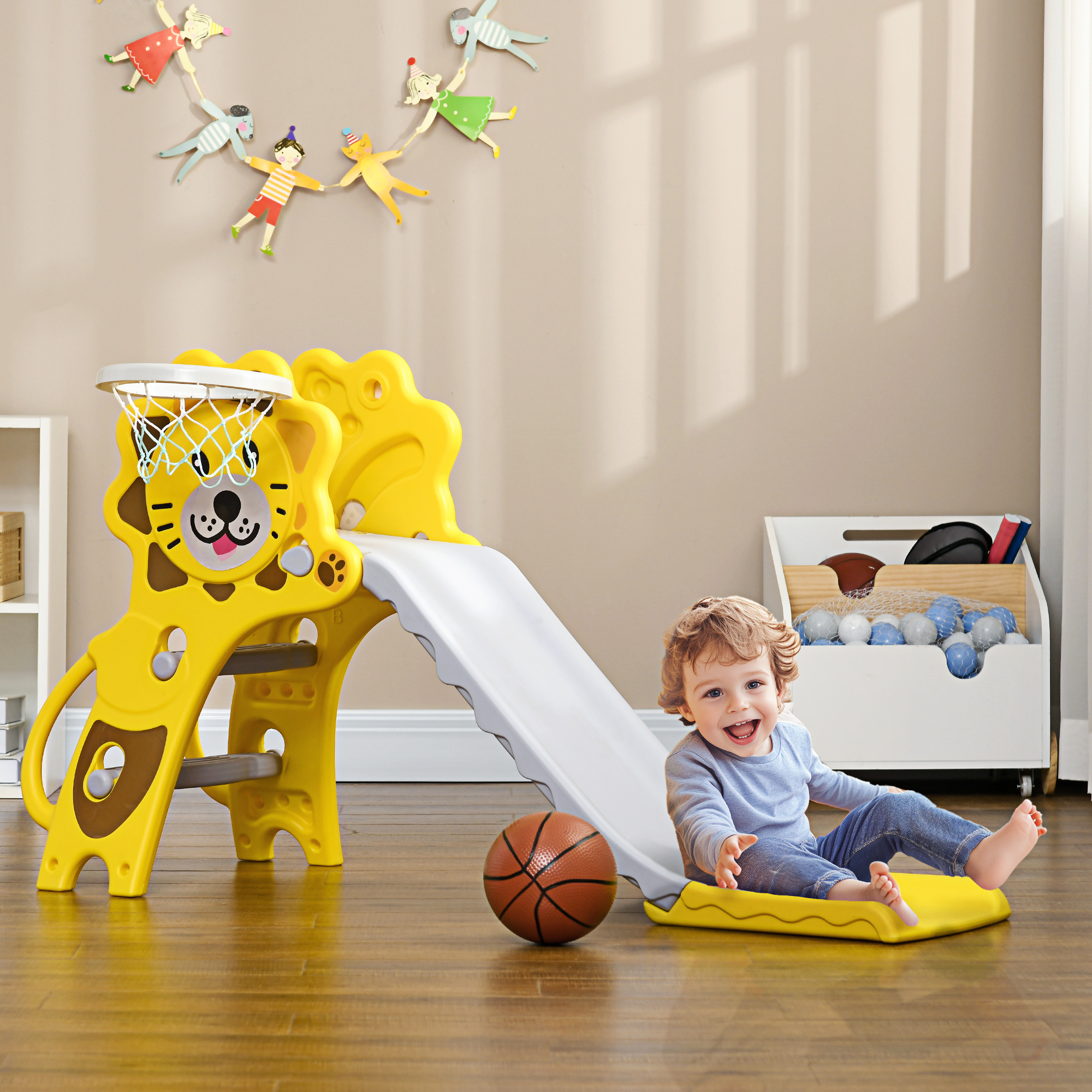 AIYAPLAY Baby Slide with Basketball Hoop, Easy to Assemble Kids Slide for Indoor Use, for Ages 18-36 Months - Yellow - Life Essentials