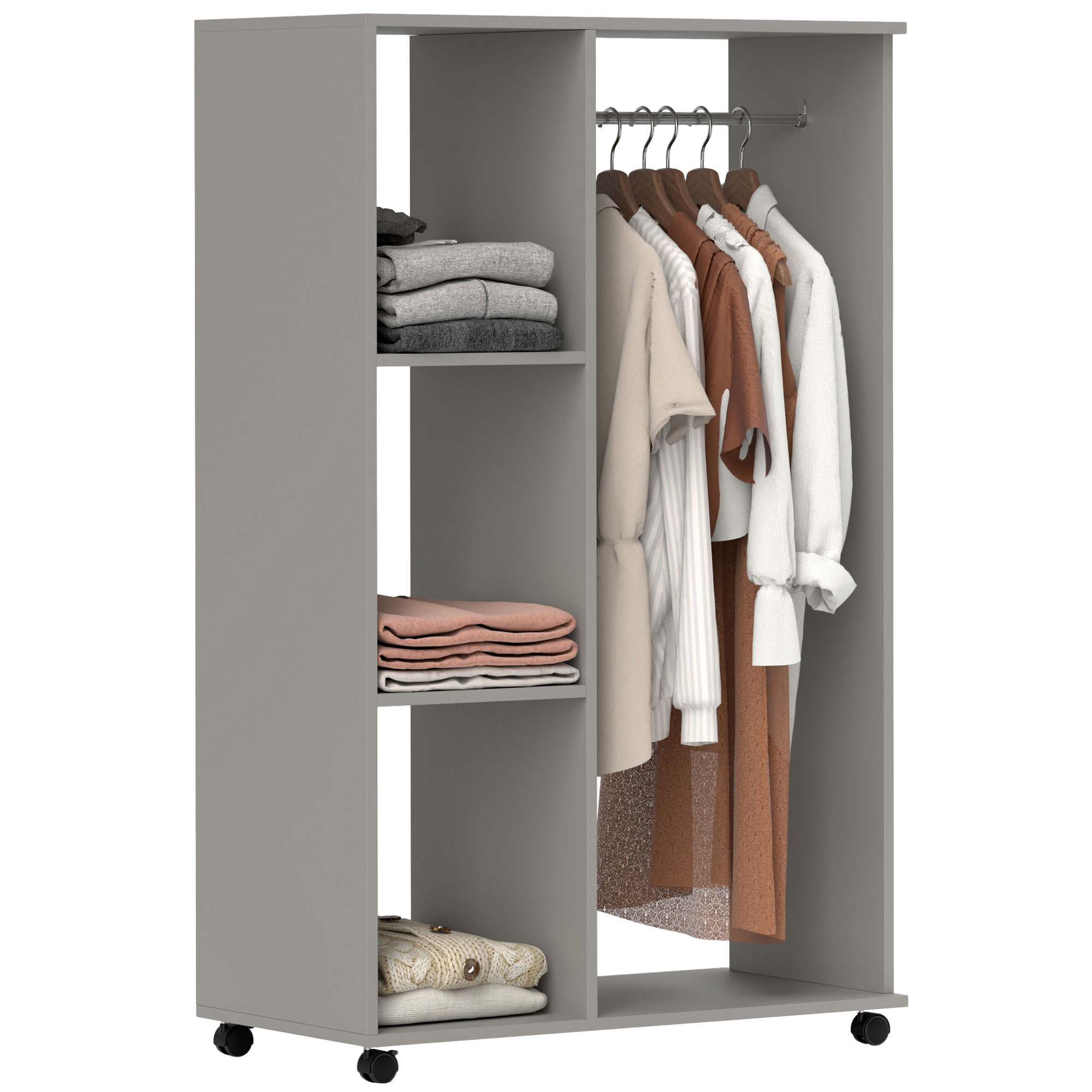 HERON Open Wardrobe on Wheels with Clothes Rail, Bedroom Clothes Storage with Hanging Rod, 3 Storage Shelves, Grey - Life Essentials