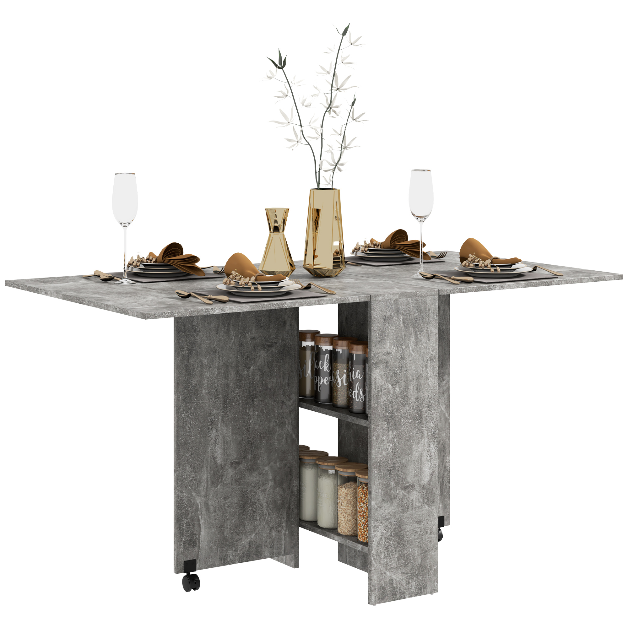 Folding Drop Leaf Dining Table with Shelves and Rolling Casters - Life Essentials