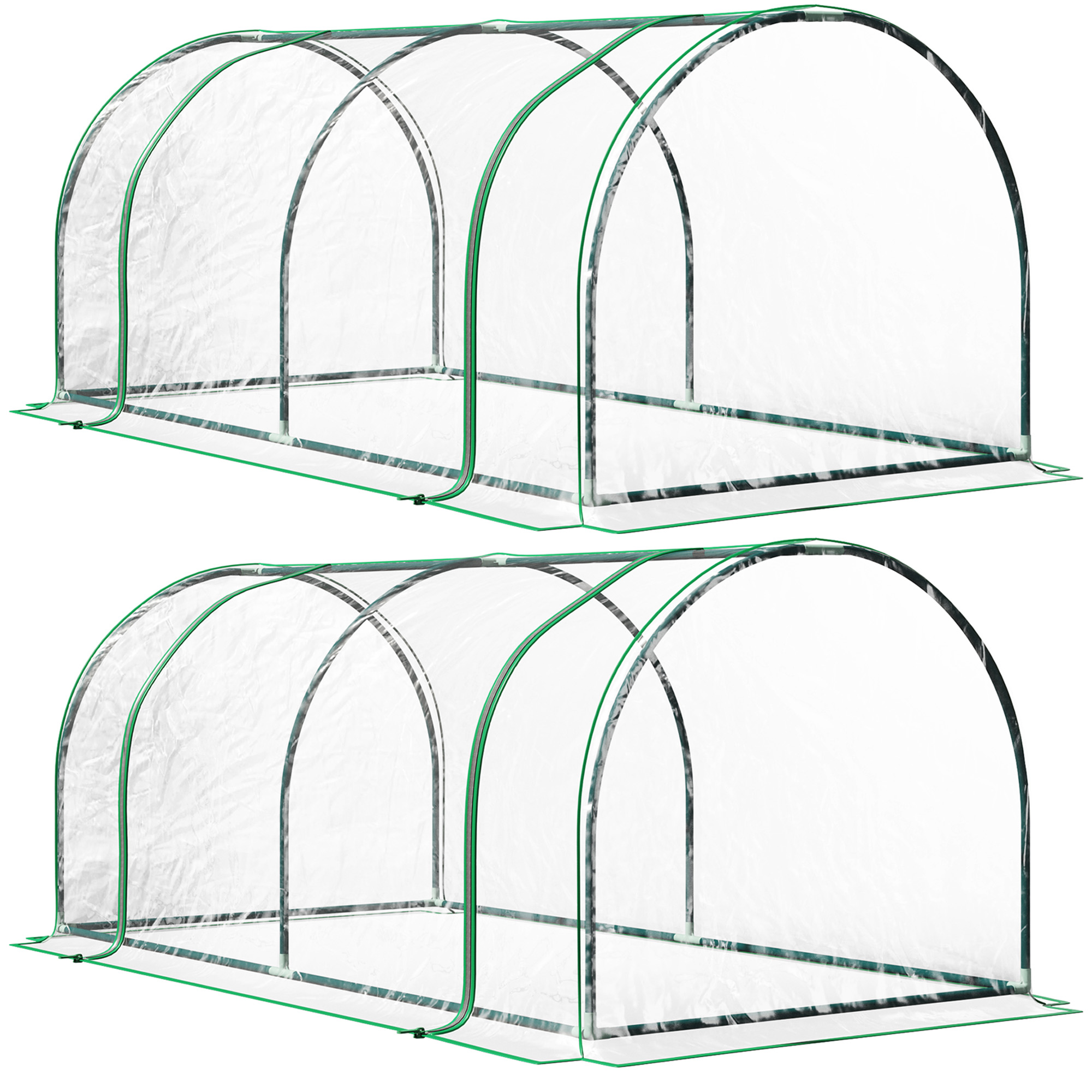 SUNVISTA Set of 2 Tunnel Greenhouse, Green Grow House with Roll-up Door, Steel Frame, Plastic Cover for Garden, Outdoor, 200 x 100 x 80cm, Clear - 