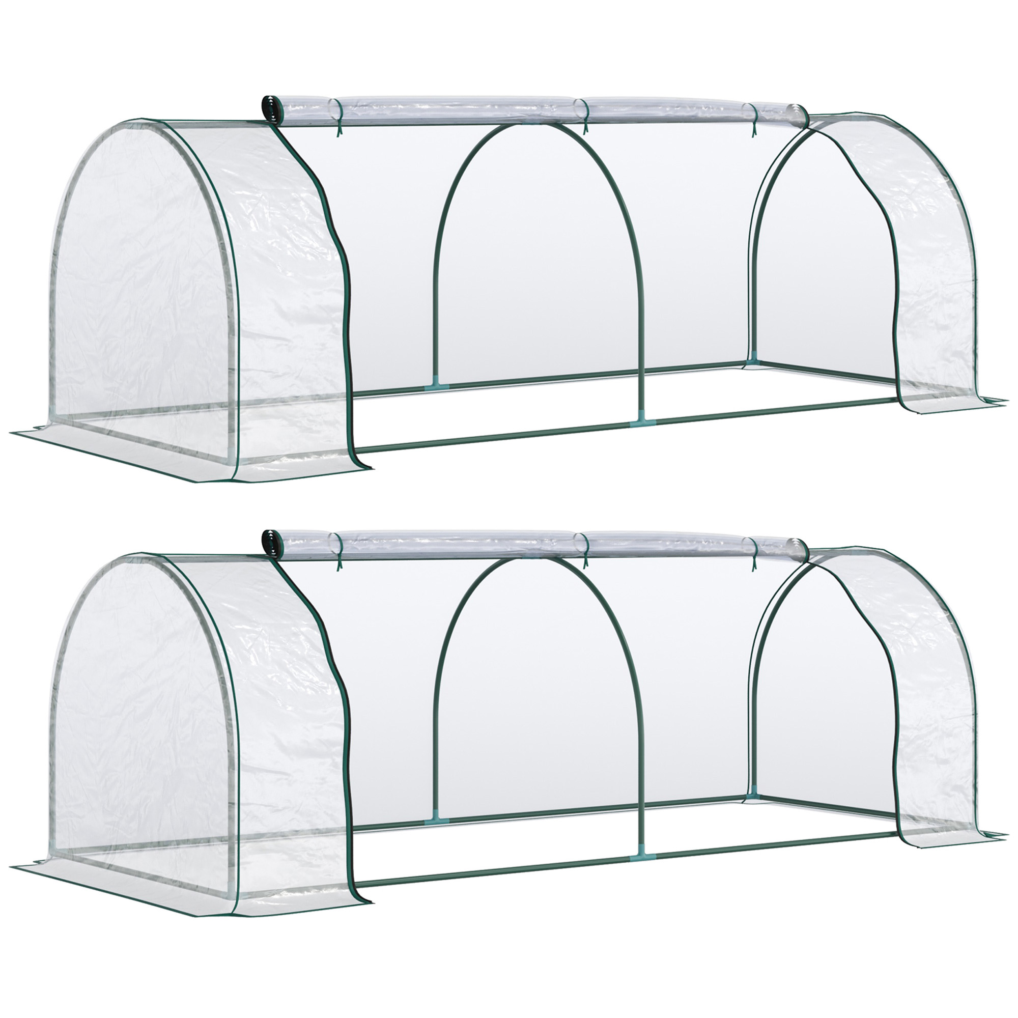 SUNVISTA Set of 2 Tunnel Greenhouse, Green Grow House with Roll-up Door, Steel Frame, Plastic Cover for Garden, Outdoor, 250 x 100 x 80cm, Clear - 