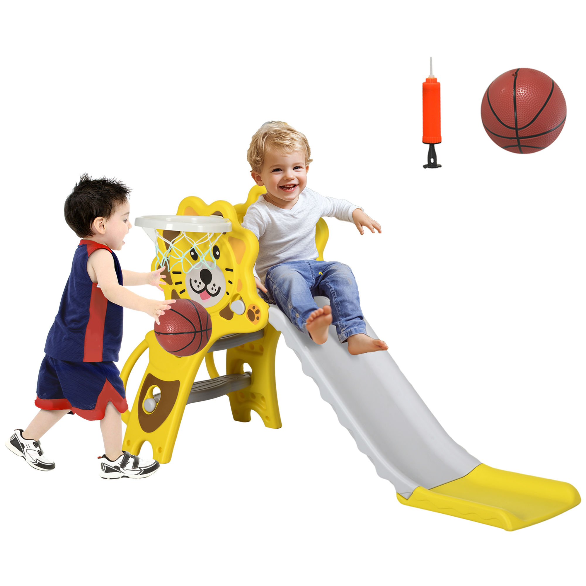 AIYAPLAY Baby Slide with Basketball Hoop, Easy to Assemble Kids Slide for Indoor Use, for Ages 18-36 Months - Yellow - Life Essentials