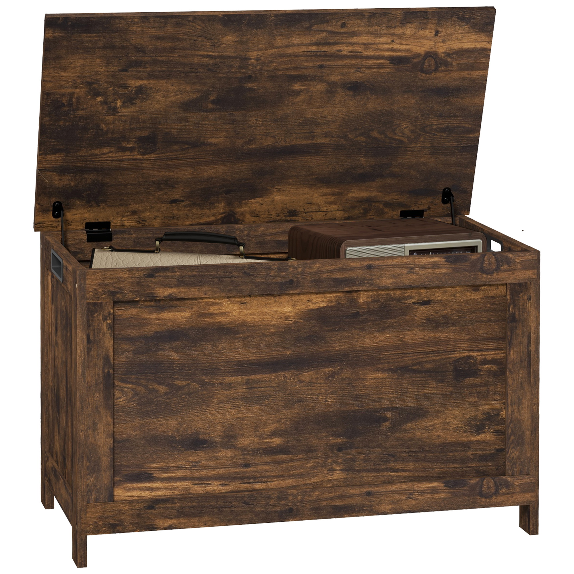 HERON Wooden Storage Chest with Hinges & Cut-Out Handles, Toy Box for Living Room, Rustic Brown - Life Essentials