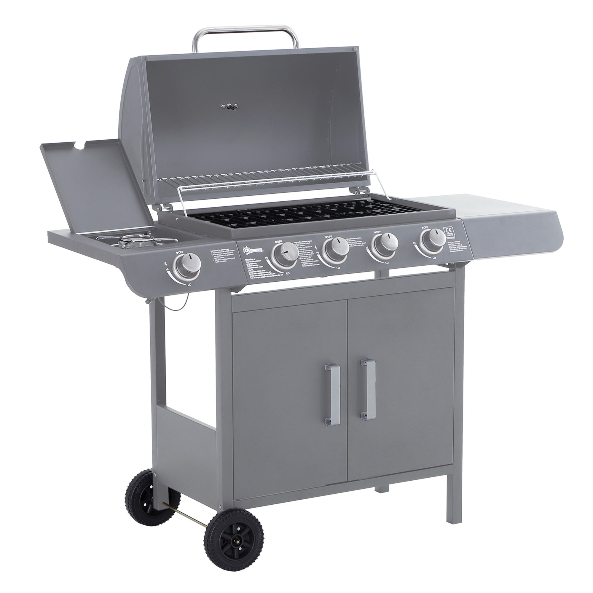 SUNVISTA 4+1 Burner Gas BBQ Grill, Outdoor Barbecue Trolley with Wheels, Warming Rack, Side Shelves, Cabinet, Thermometer for Garden, Party, Grey - 