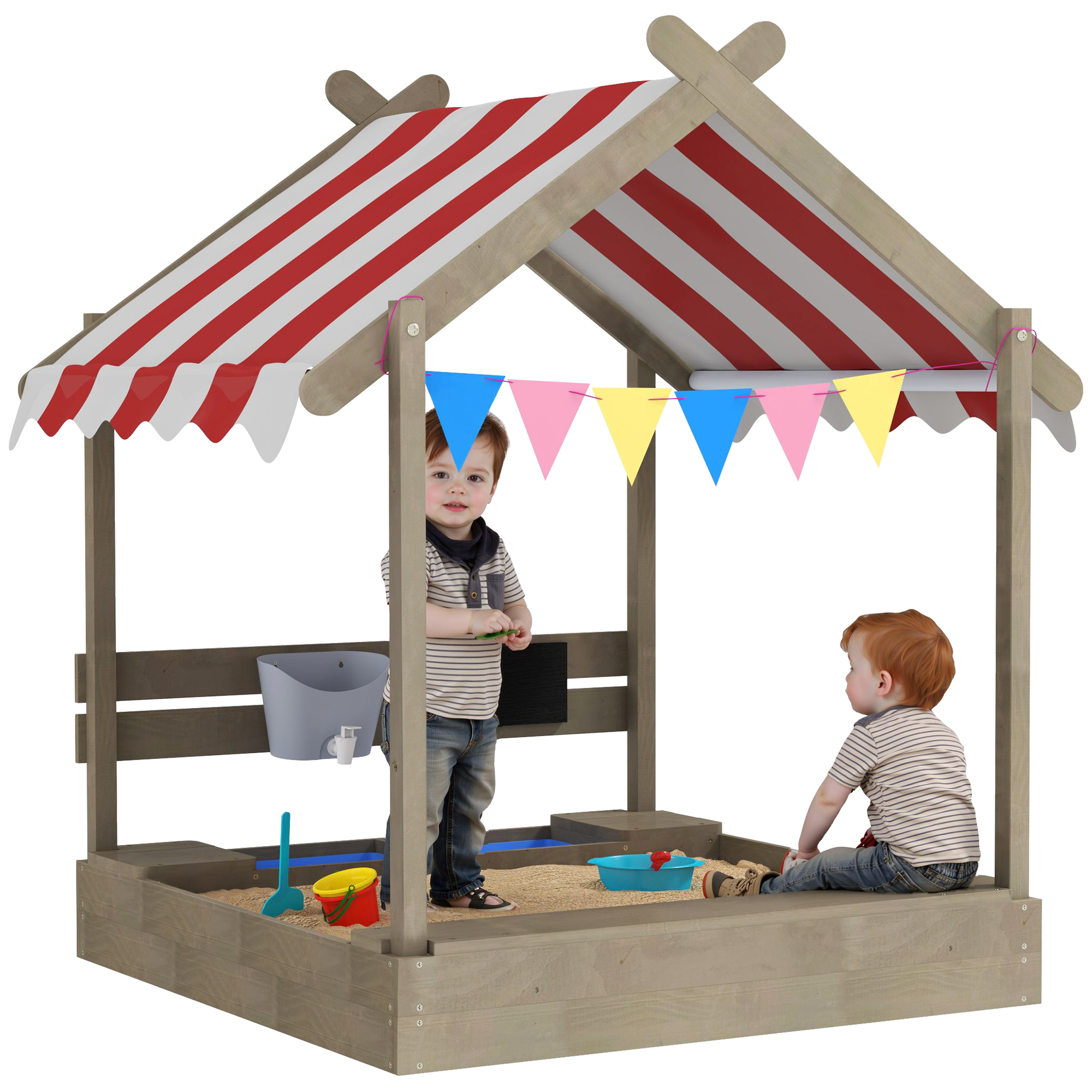 SUNVISTA House-Designed Wooden Sandbox, Outdoor Sandpit, with Blackboard, Toys, Sink, Seats, Flags, for Ages 3-7 Years - Grey - Life Essentials
