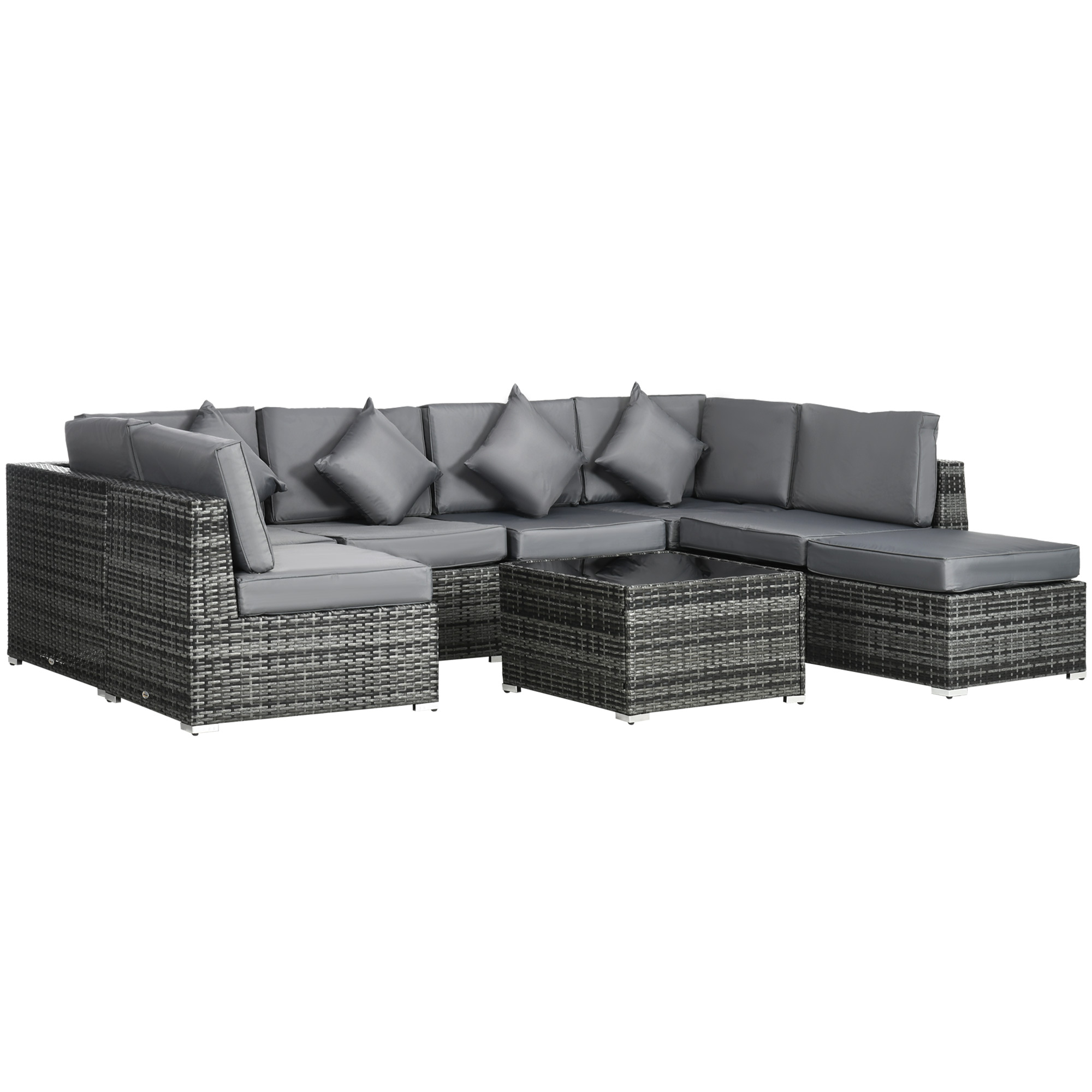 8 Pieces PE Rattan Corner Sofa Set Garden Furniture Set Patio Wicker Sofa Seater w/ Cushion Washable Cushion Cover Tempered Glass Table Grey - Life 