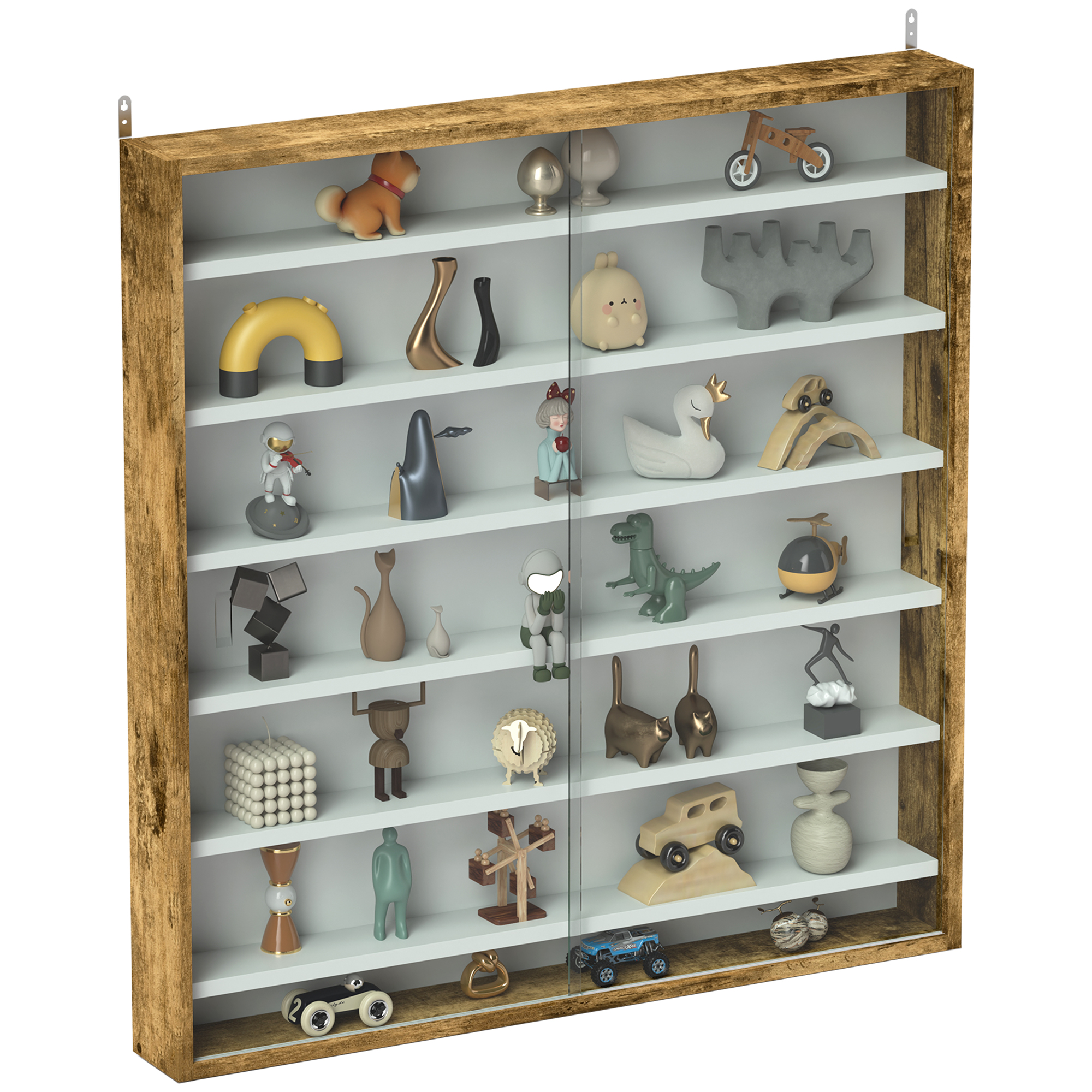 HERON Six Shelf Display Cabinet, with Glass Doors - Brown - Life Essentials