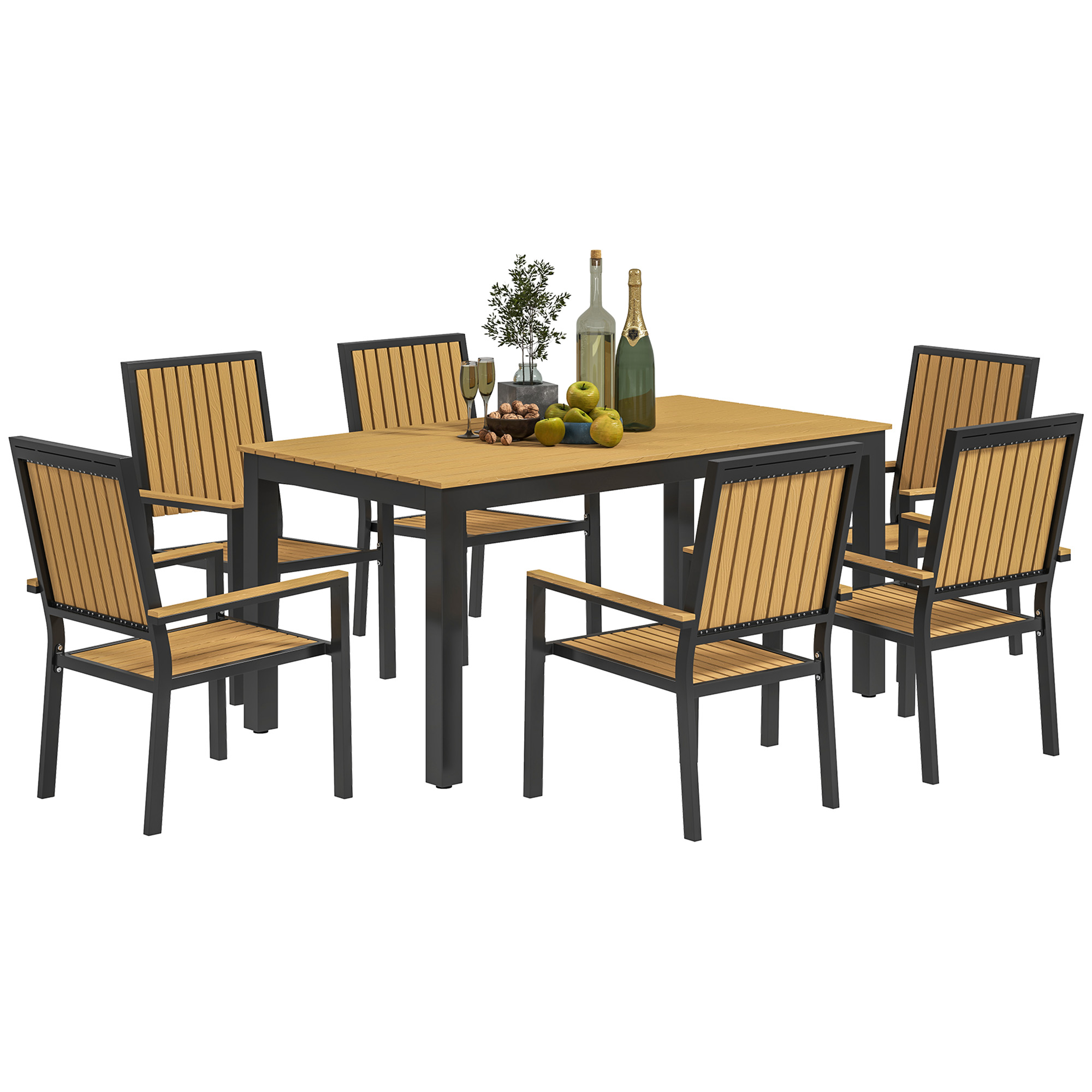 SUNVISTA 6 Seater Garden Dining Set with Stackable Chairs, Aluminium Frame, Rectangular Plastic Top, Garden Furniture Set, Nature Wood - Life 