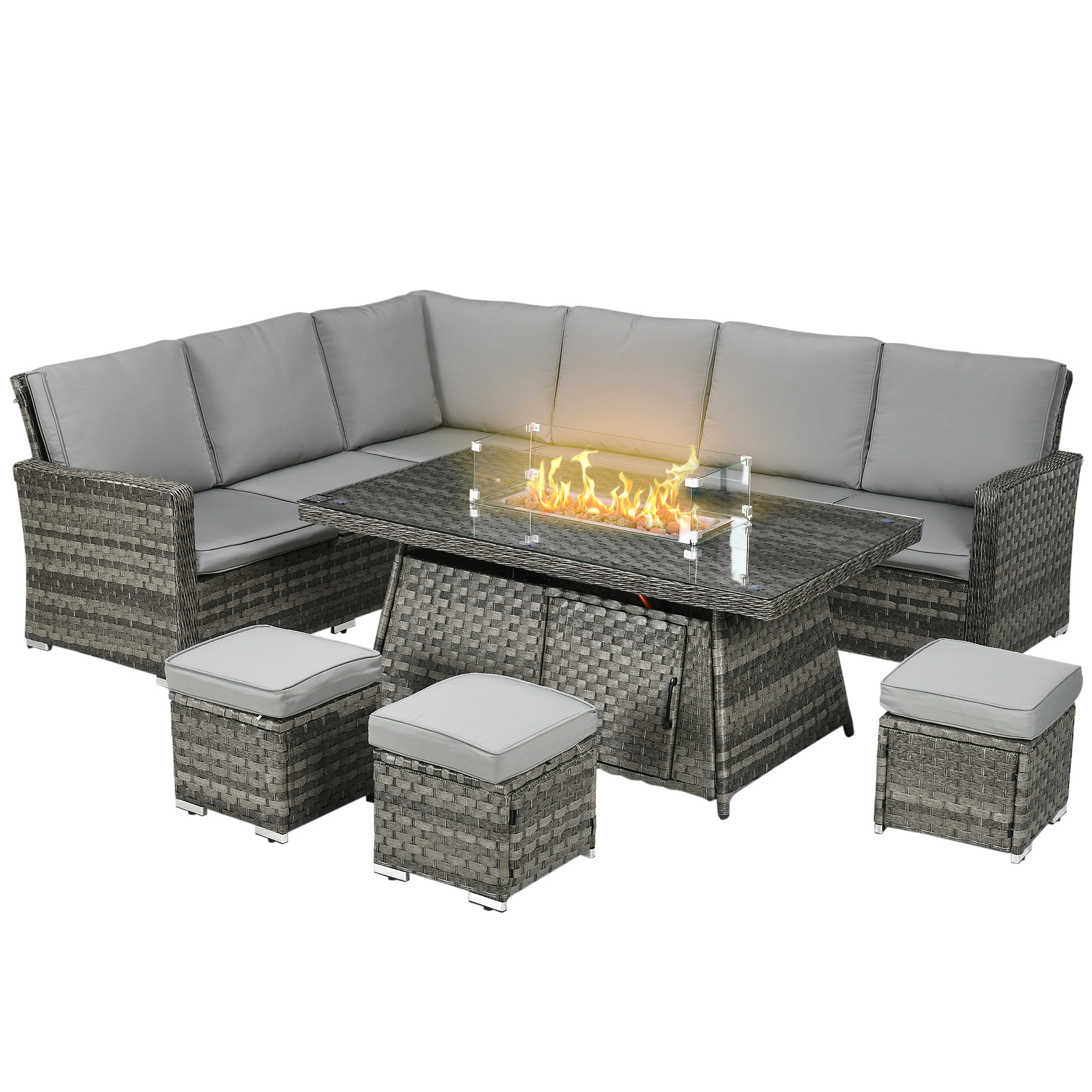 7 Pieces PE Rattan Garden Furniture Set with 50,000 BTU Gas Fire Pit Table, 3 Footstools - Grey - Life Essentials