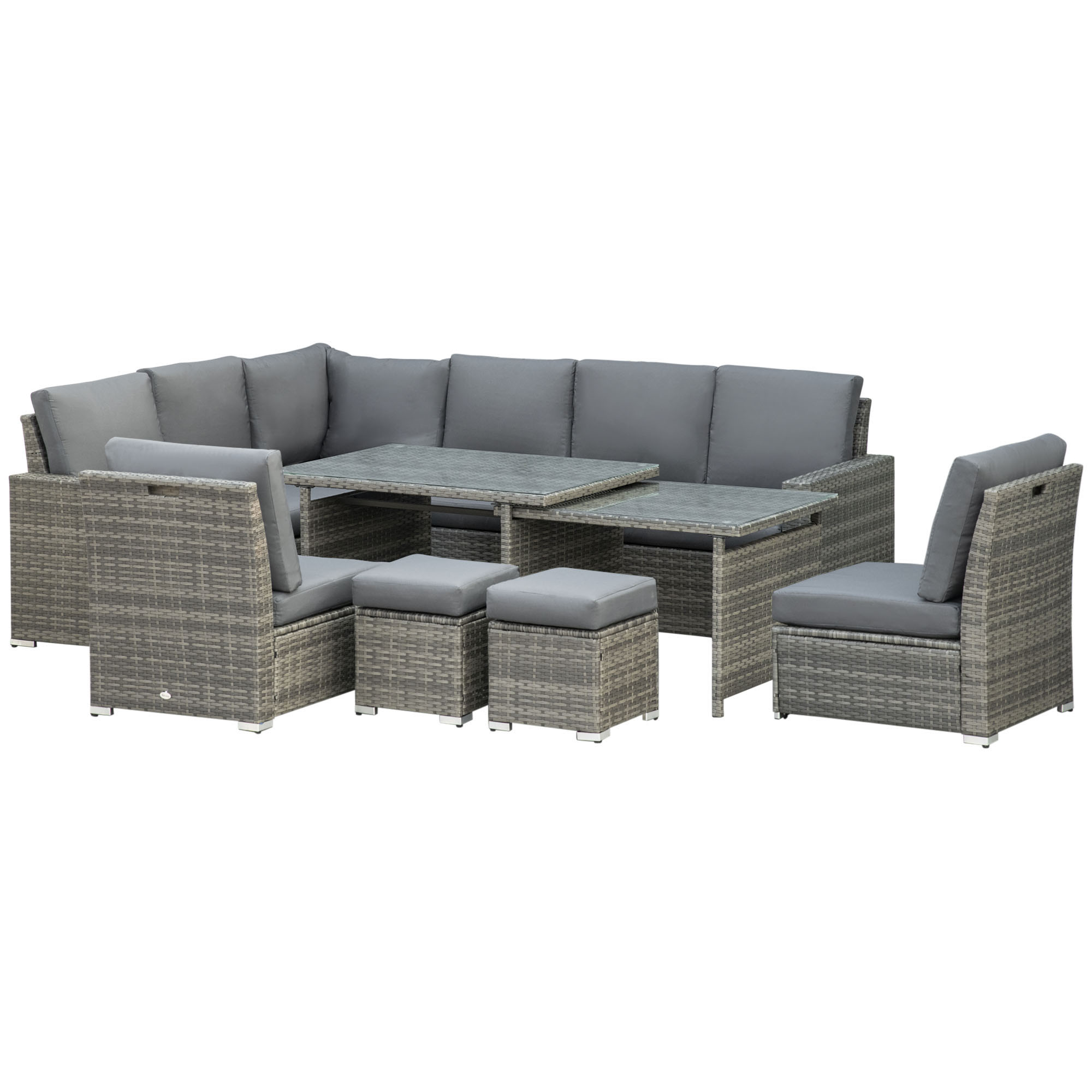 7 Piece Rattan Garden Furniture Set, 10-Seater Sofa Sectional with Cushioned Sofa Seat, Footstools and Expandable Glass Table for Yard Grey - Life 