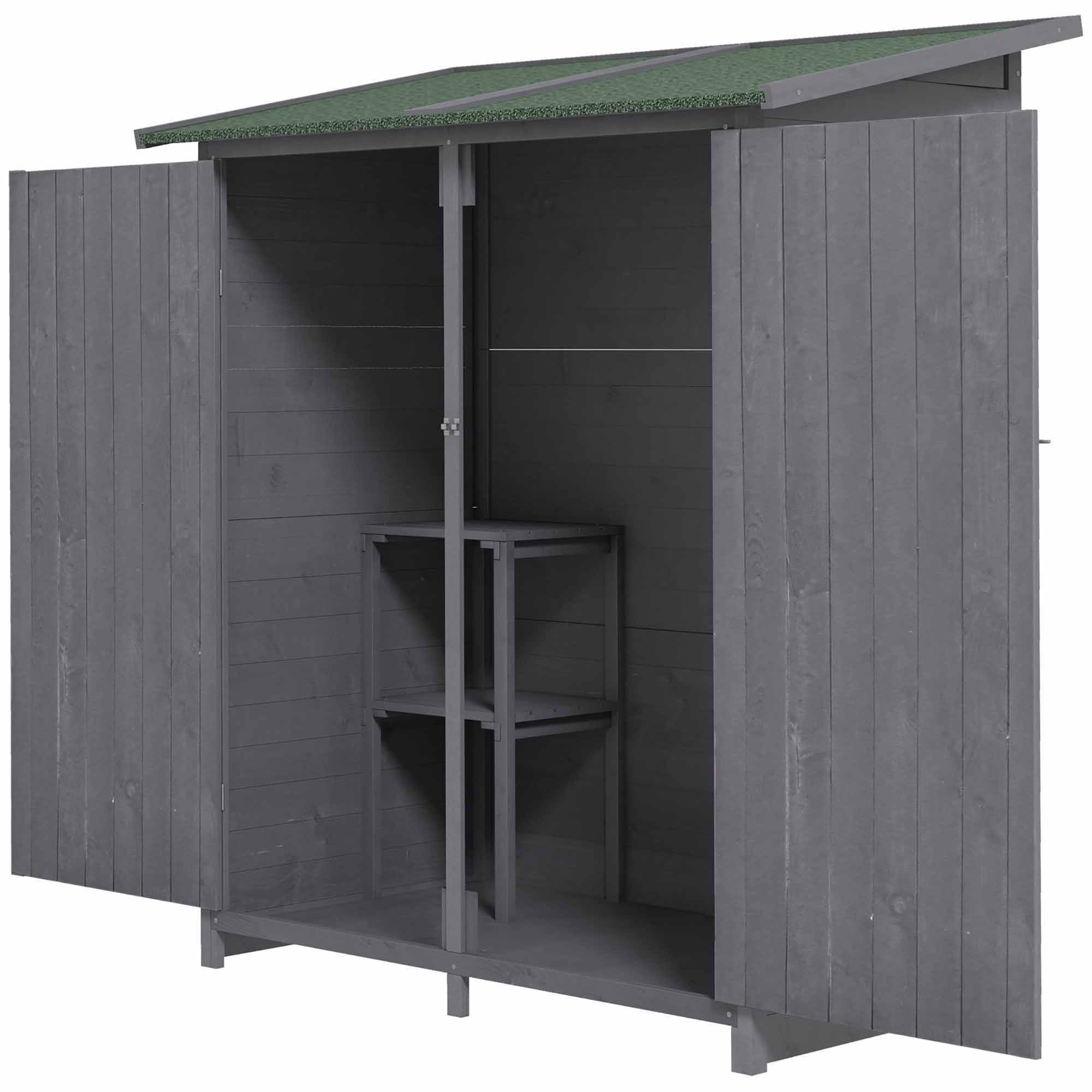 Wooden Garden Storage Shed Lockable Tool Cabinet Organizer w/ Storage Table, Double Door, 139 x 75 x 160 cm, Grey - Life Essentials