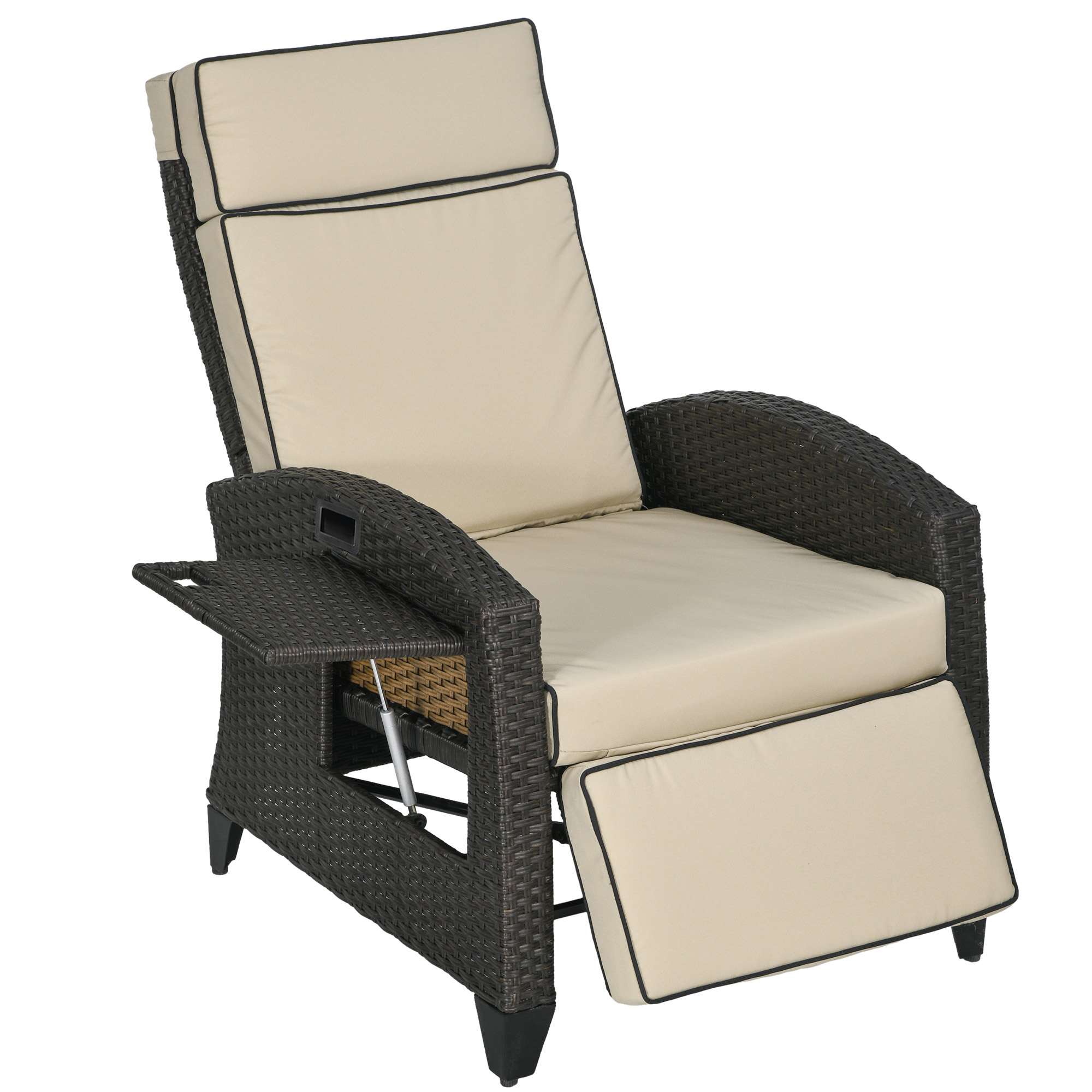 Outdoor Recliner Chair with Adjustable Backrest and Footrest, Cushion, Side Tray, Brown - Life Essentials