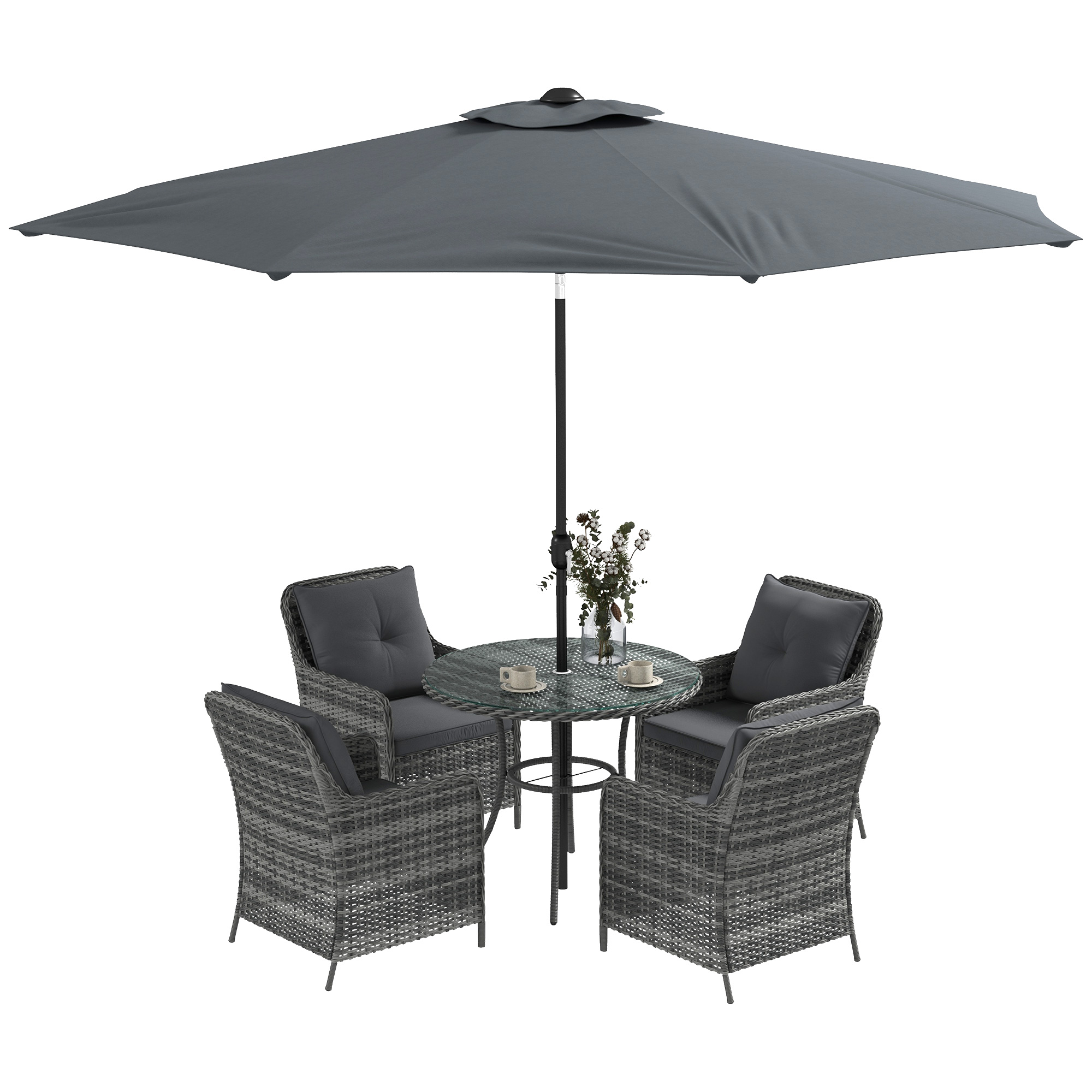 6 Pieces Garden Dining Set, 4 Seater Rattan Dining Set Outdoor with Umbrella, Cushions, Tempered Glass Top Table - Life Essentials