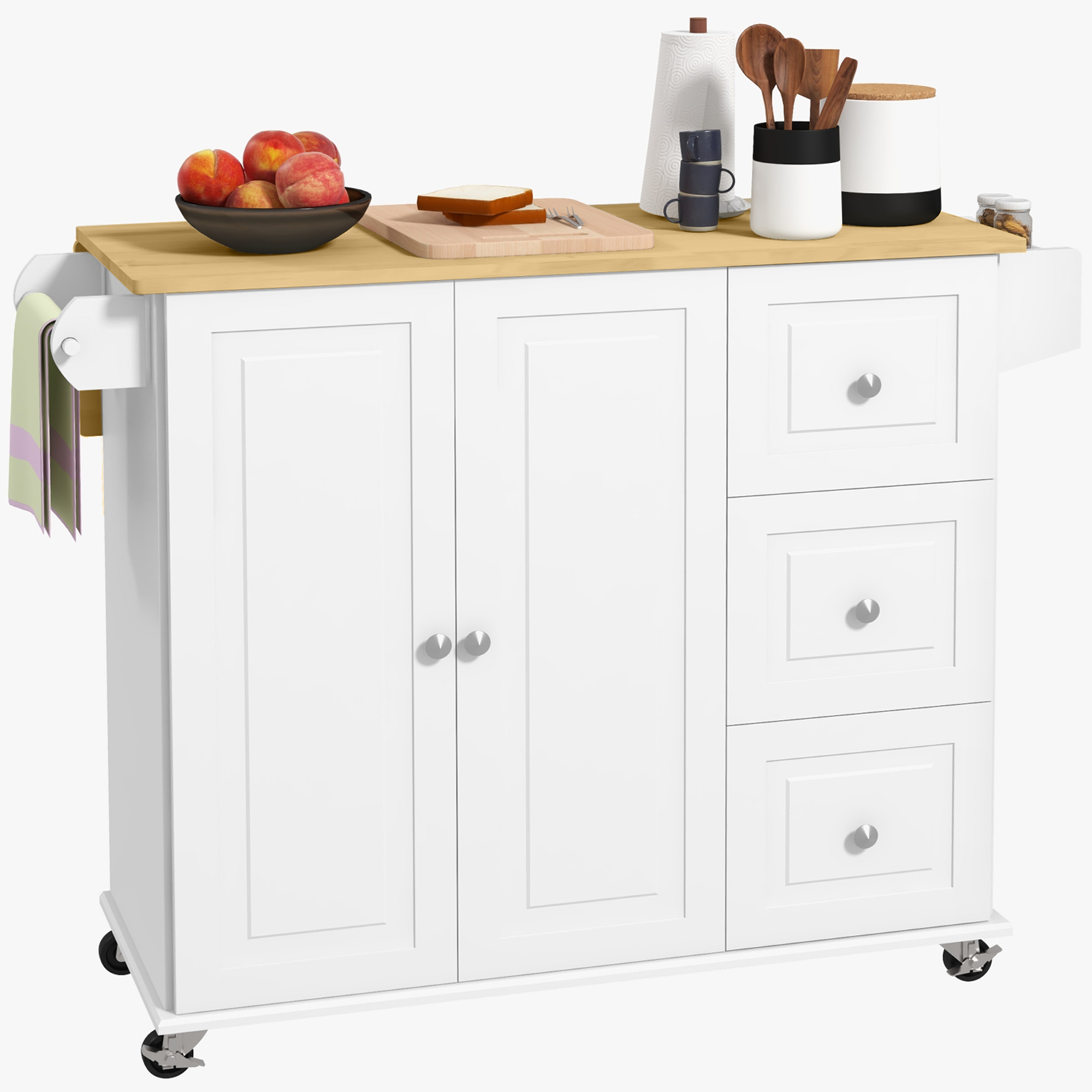 HERON Kitchen Island, Drop-Leaf Rolling Cart with 3 Drawers, Spice Rack, White - Life Essentials