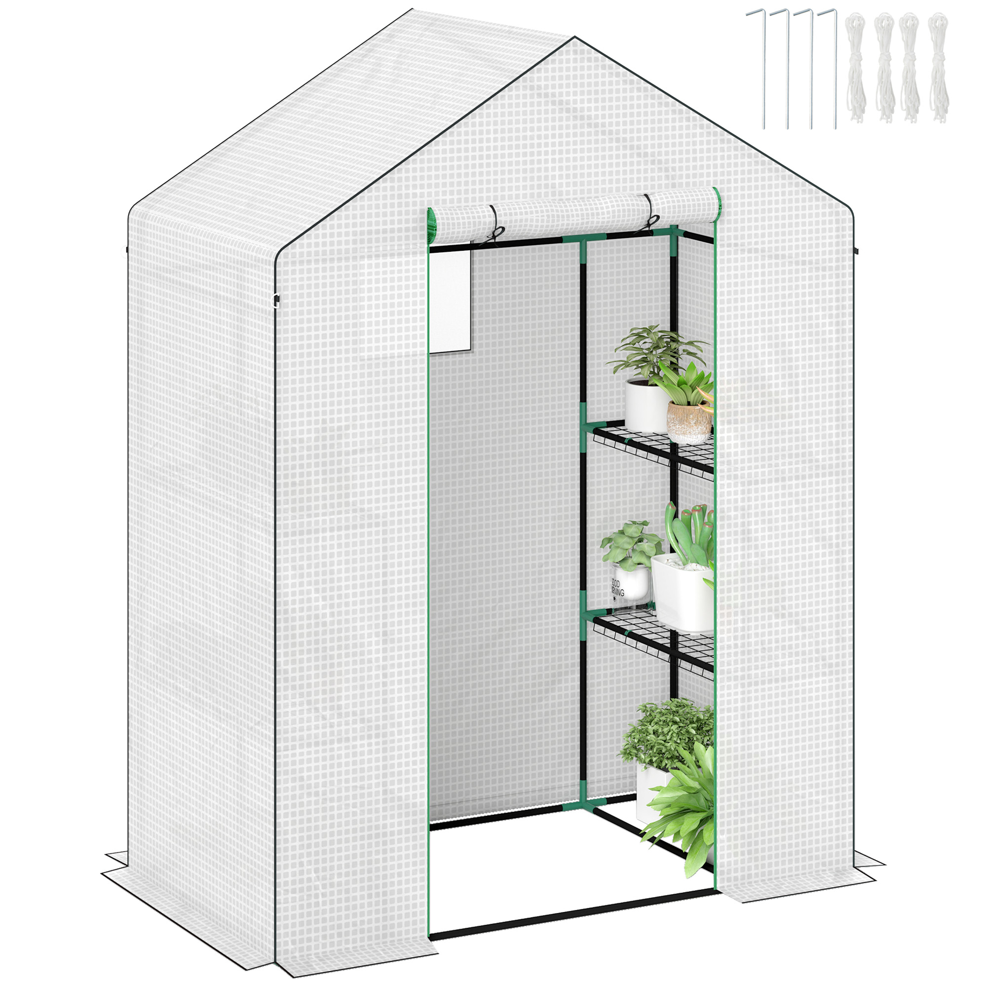 SUNVISTA 143 x 74cm Walk-In Greenhouse, with Shelves - White - Life Essentials