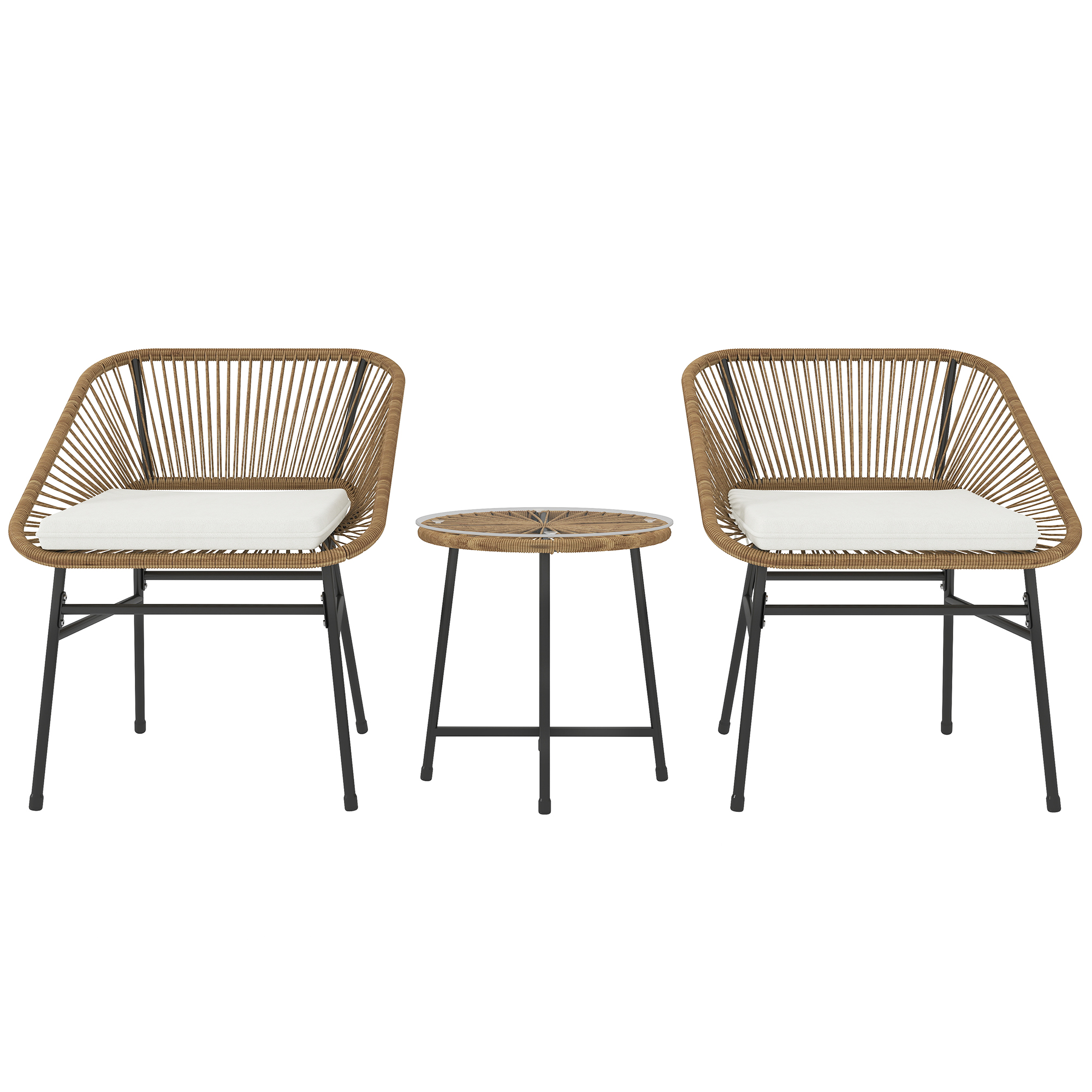 SUNVISTA 3 Pieces Rattan Bistro Set, Wicker Small Garden Table and Chairs Set with Cushions and Glass Top Coffee Table, Natural - Life Essentials