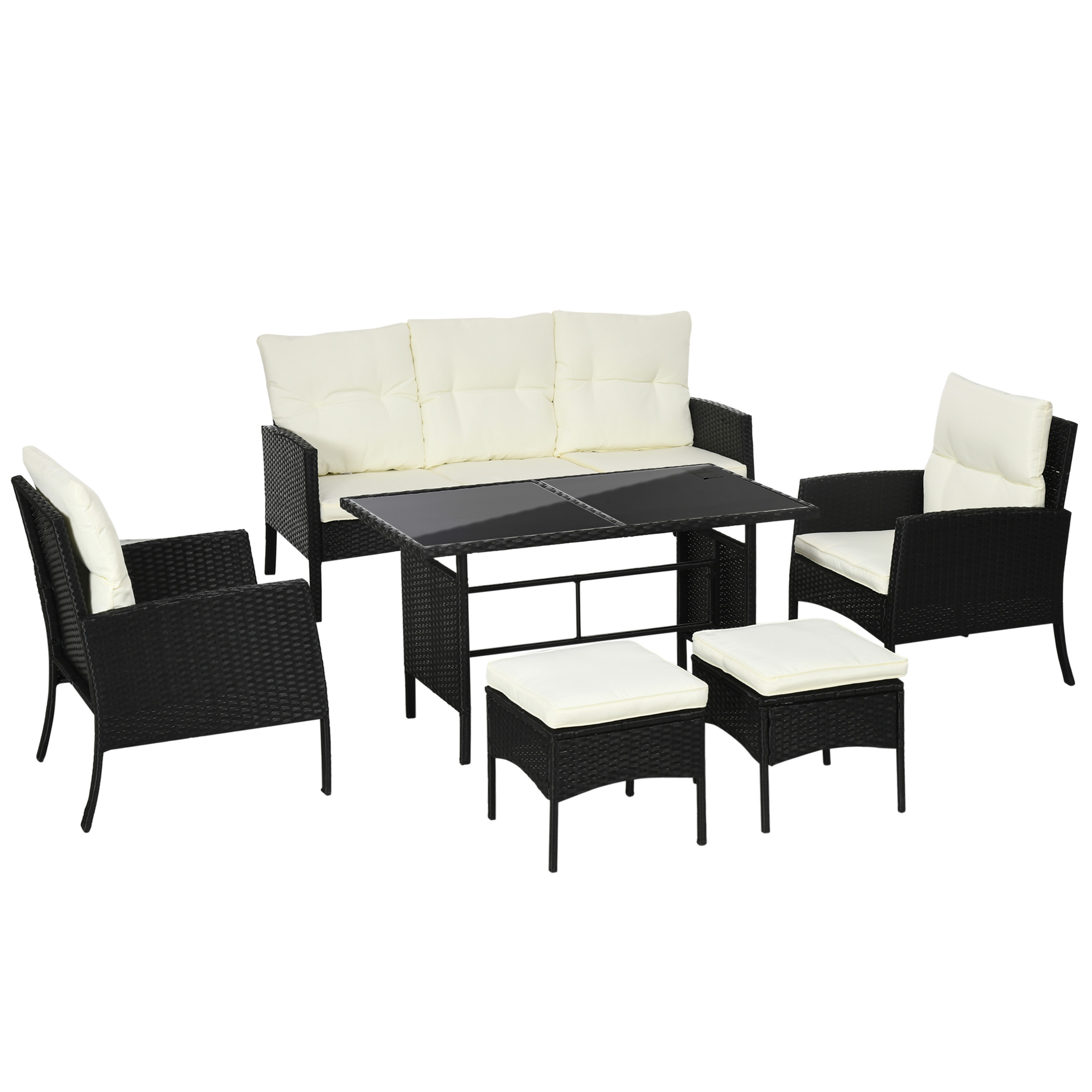 5 Seater Rattan Garden Furniture Set Wicker Sofa Armchairs Footstools and Glass Table Patio Rattan Sofa Sets with Cushions, Black - Life Essentials