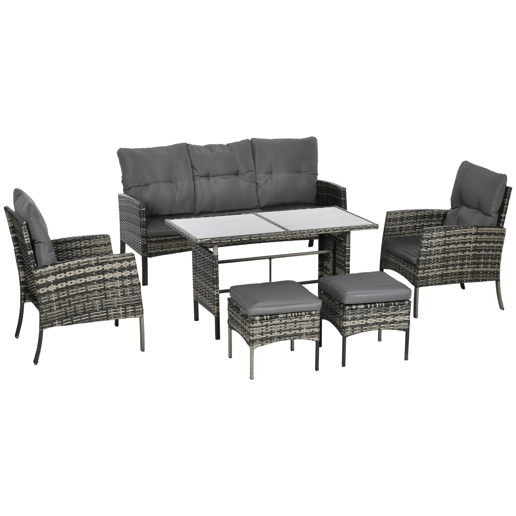 5 Seater Rattan Garden Furniture Set, 2 Armchairs, 3-seater Wicker Sofa, 2 Footstools Glass Table 6 Piece Patio Sofa Sets for Conservatory - Life 