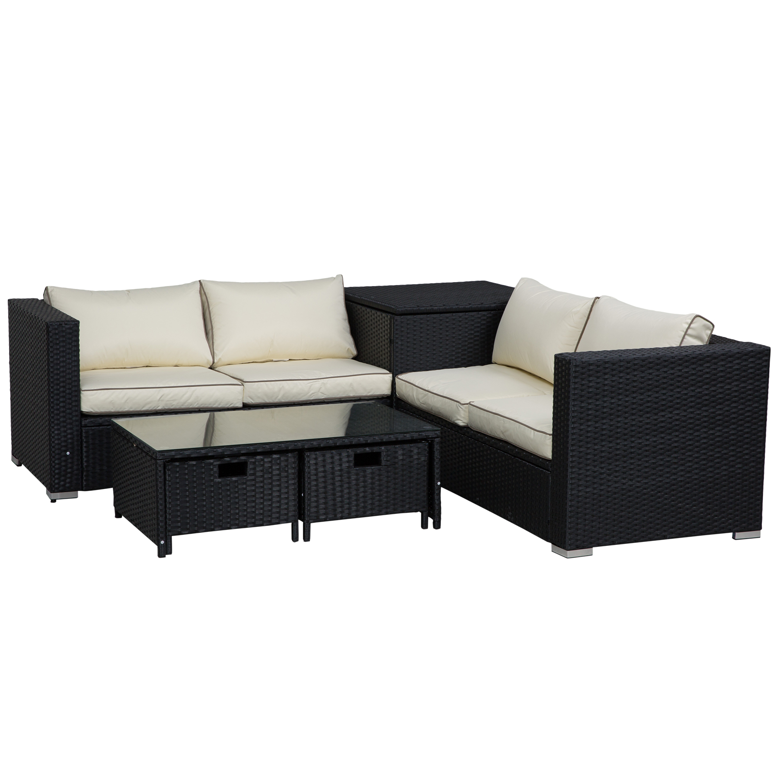 4-Seater Rattan Garden Furniture Patio Sofa Storage & Table Set w/ Coffee Table & Corner Sofa - Black - Life Essentials