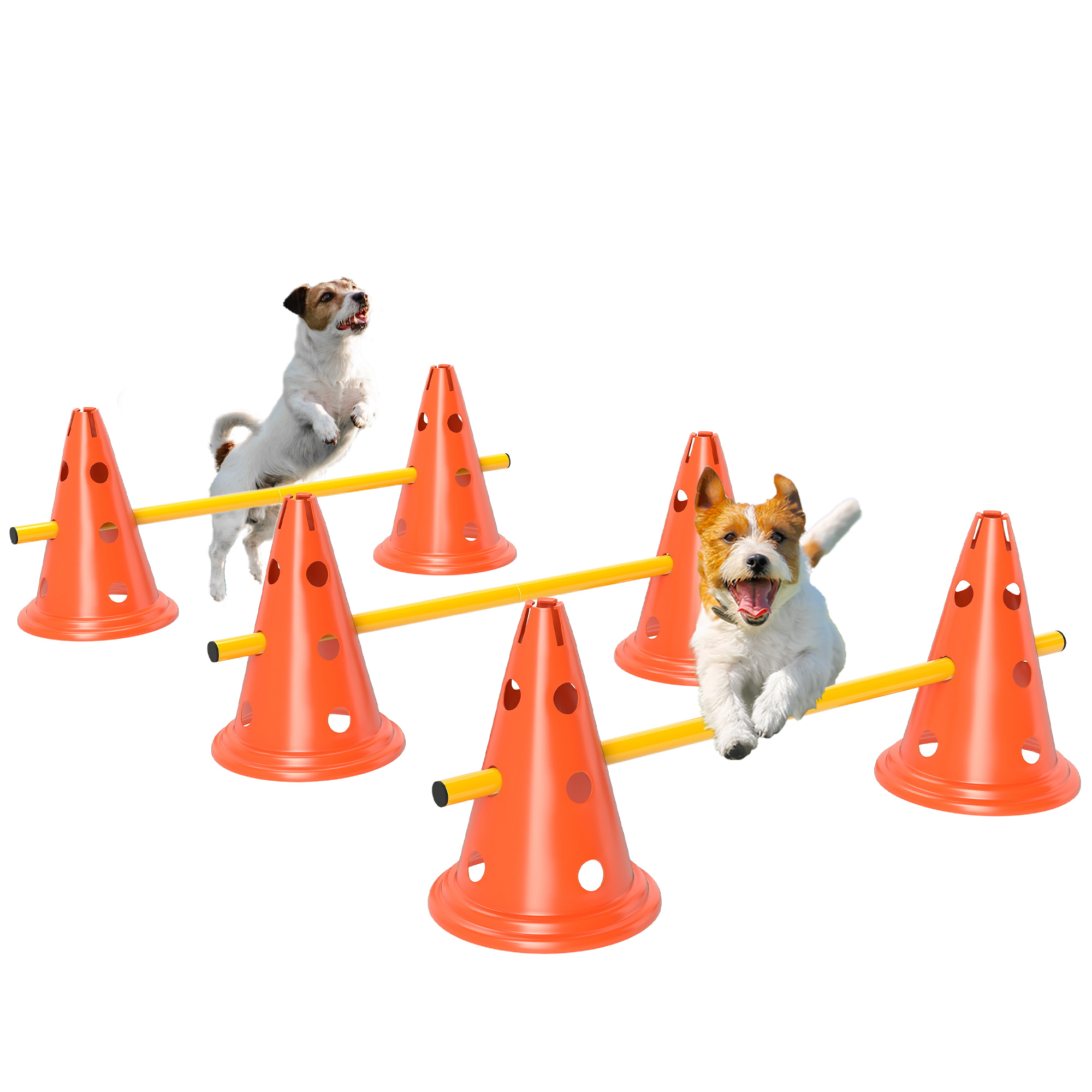 PAWSTER Dog Agility Equipment Set of 6 Cones, 6 Poles with Carry Bag, 3 PCS Adjustable Height Jumping Obstacles, Orange - Life Essentials